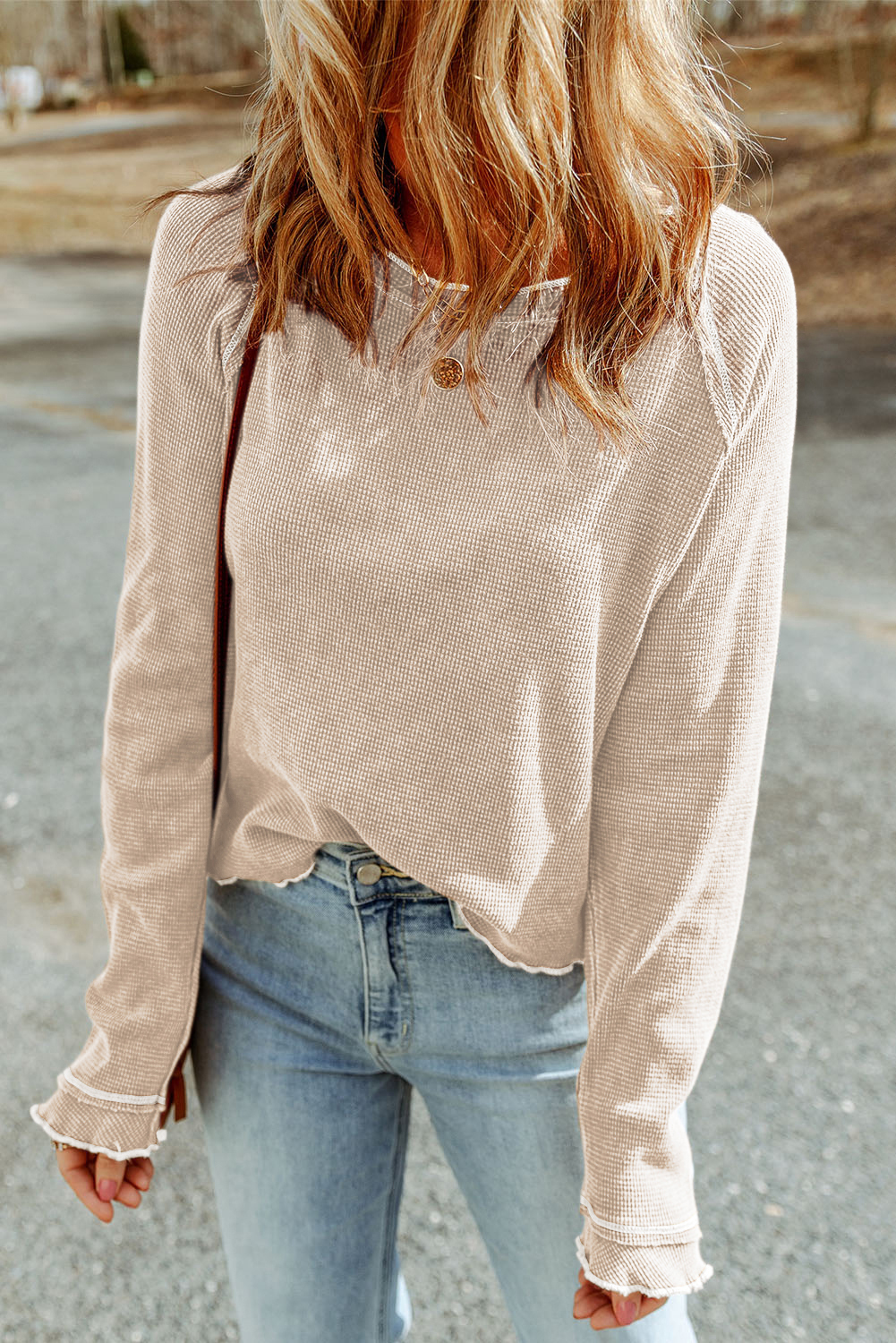 Smoke Gray Textured Round Neck Long Sleeve Top - loveforevers