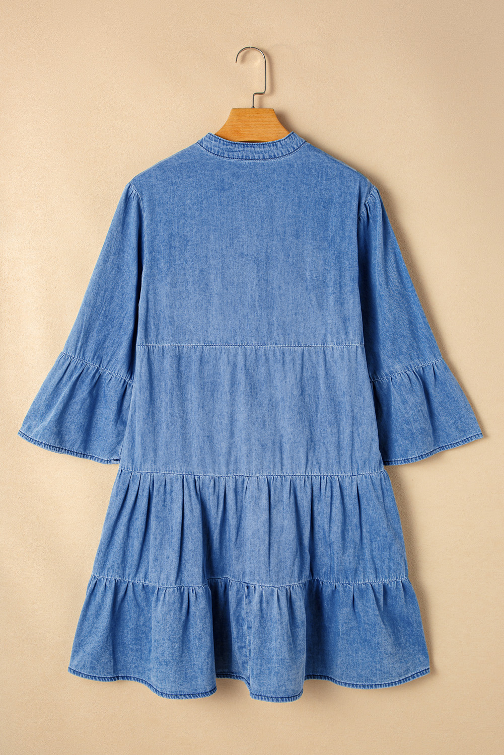 Sky Blue Chambray Ruffled 3/4 Sleeve Tiered Split V Neck Mini Dress - loveforevers