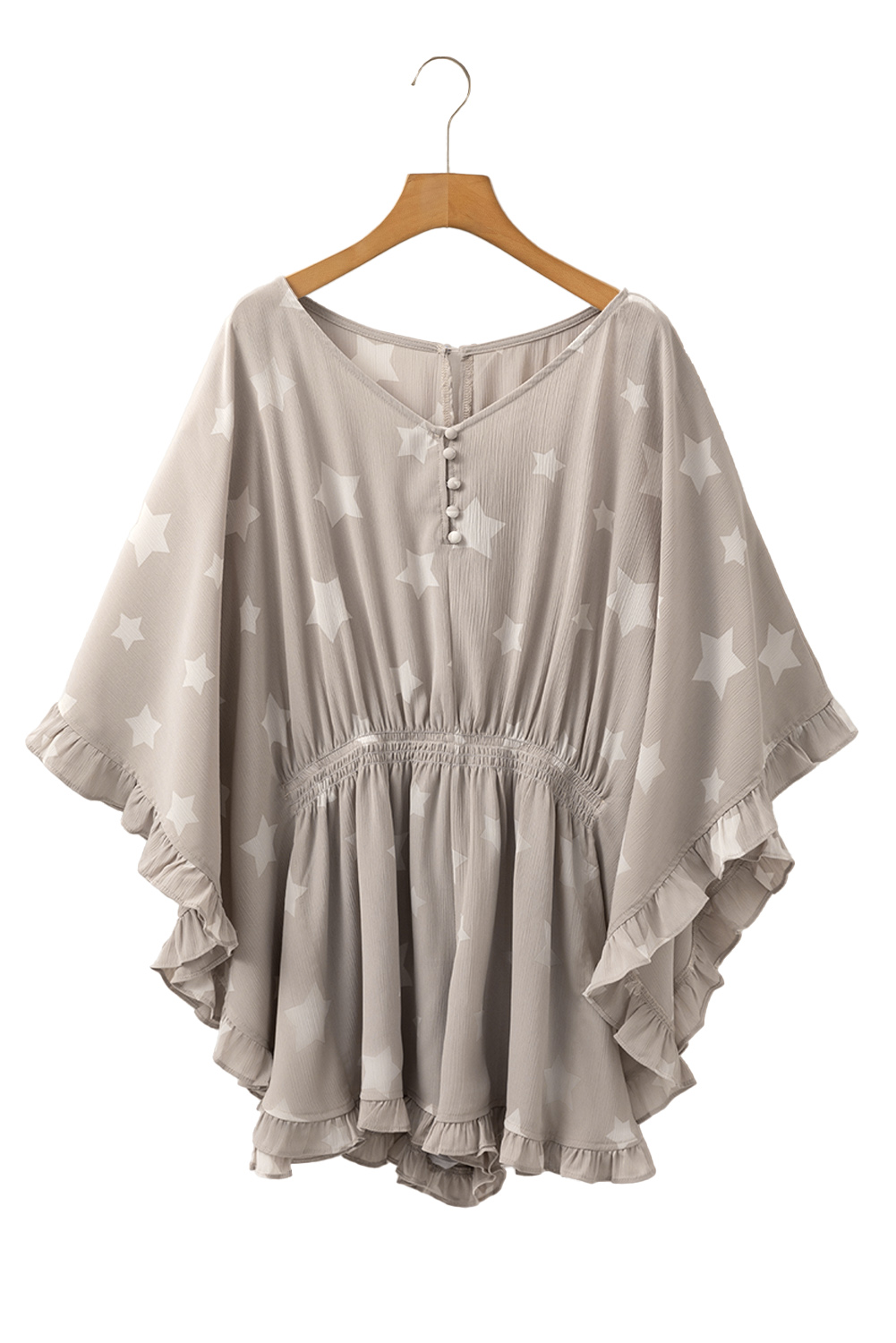 Gray Star Print Crinkle Textured Kimono Ruffle Sleeve Romper - loveforevers