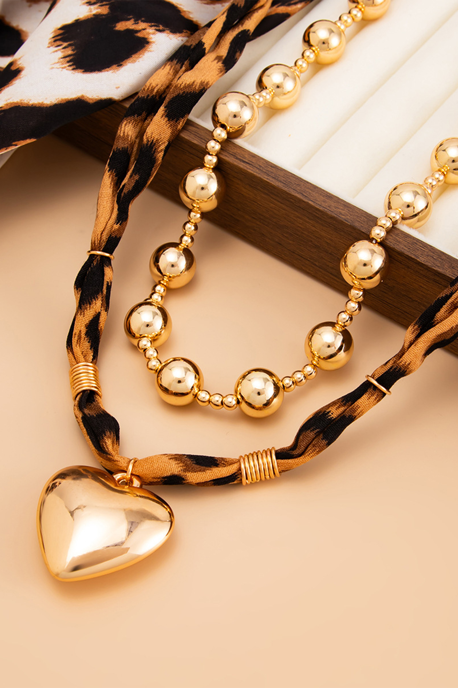 Gold Plated Mixed Beads Heart Charm Leopard Scarf 2pcs Necklace Set - loveforevers