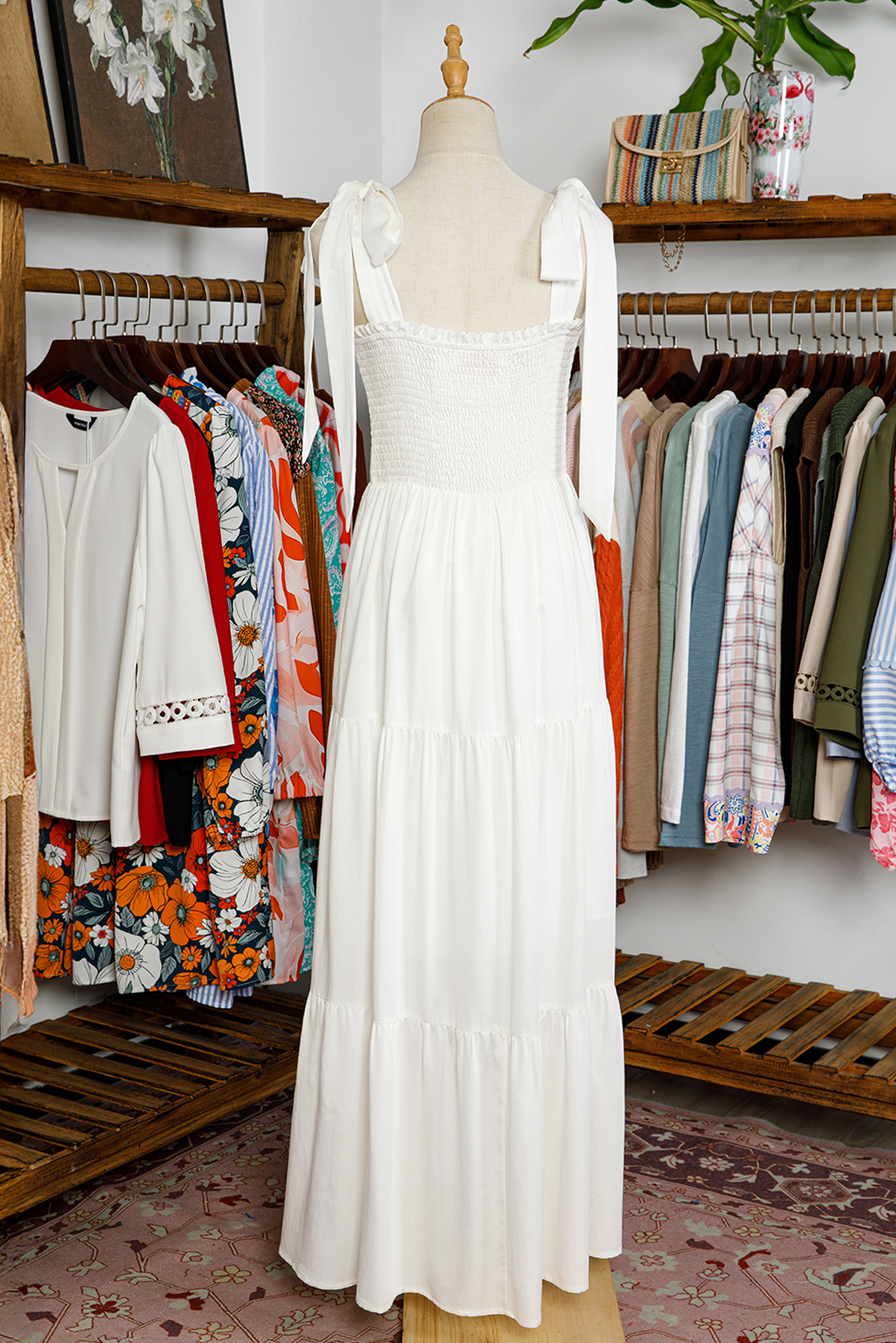 White Customizable Knot Straps Smocked Bodice Tiered Blank Maxi Dress - loveforevers