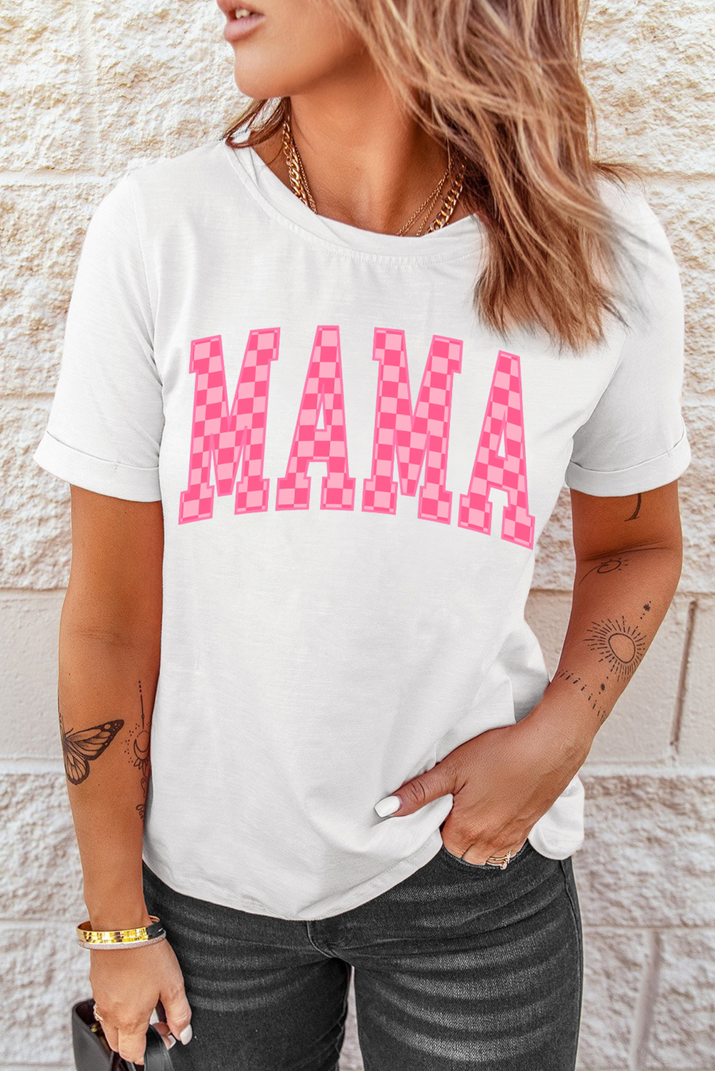 White Checkered MAMA Letter Graphic T Shirt - loveforevers