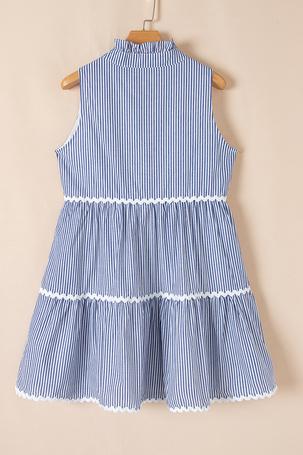 Blue Stripe Sleeveless Notched V Neck Contrast Ric Rac Mini Dress - loveforevers