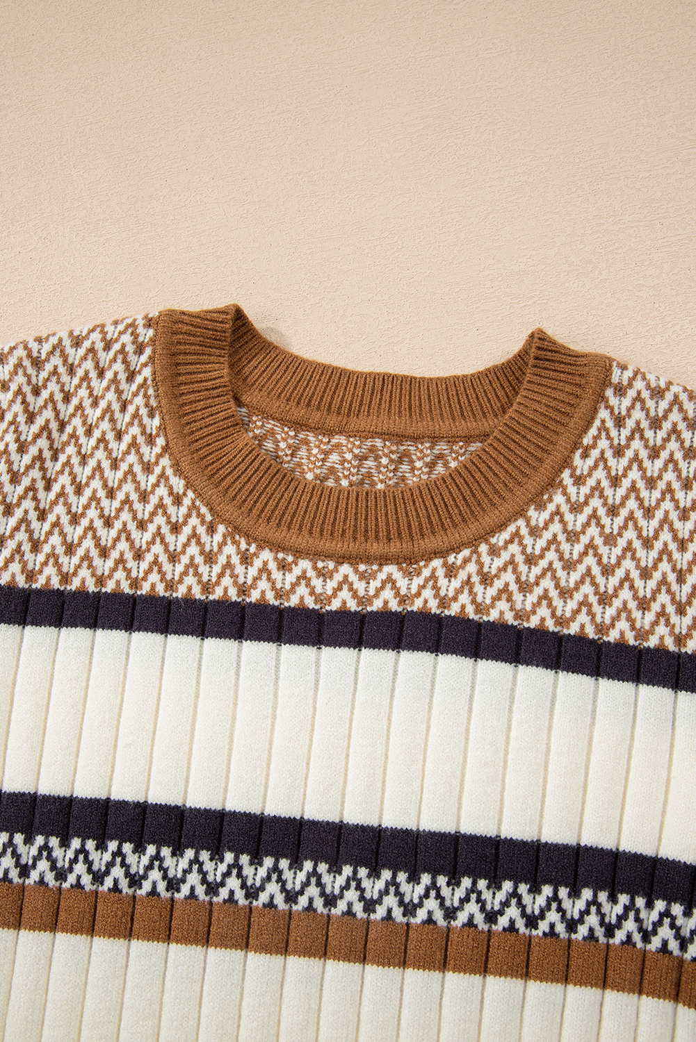 Brown Stripe Stylish Pattern Knitted Ribbed Trim Slim Sweater - loveforevers