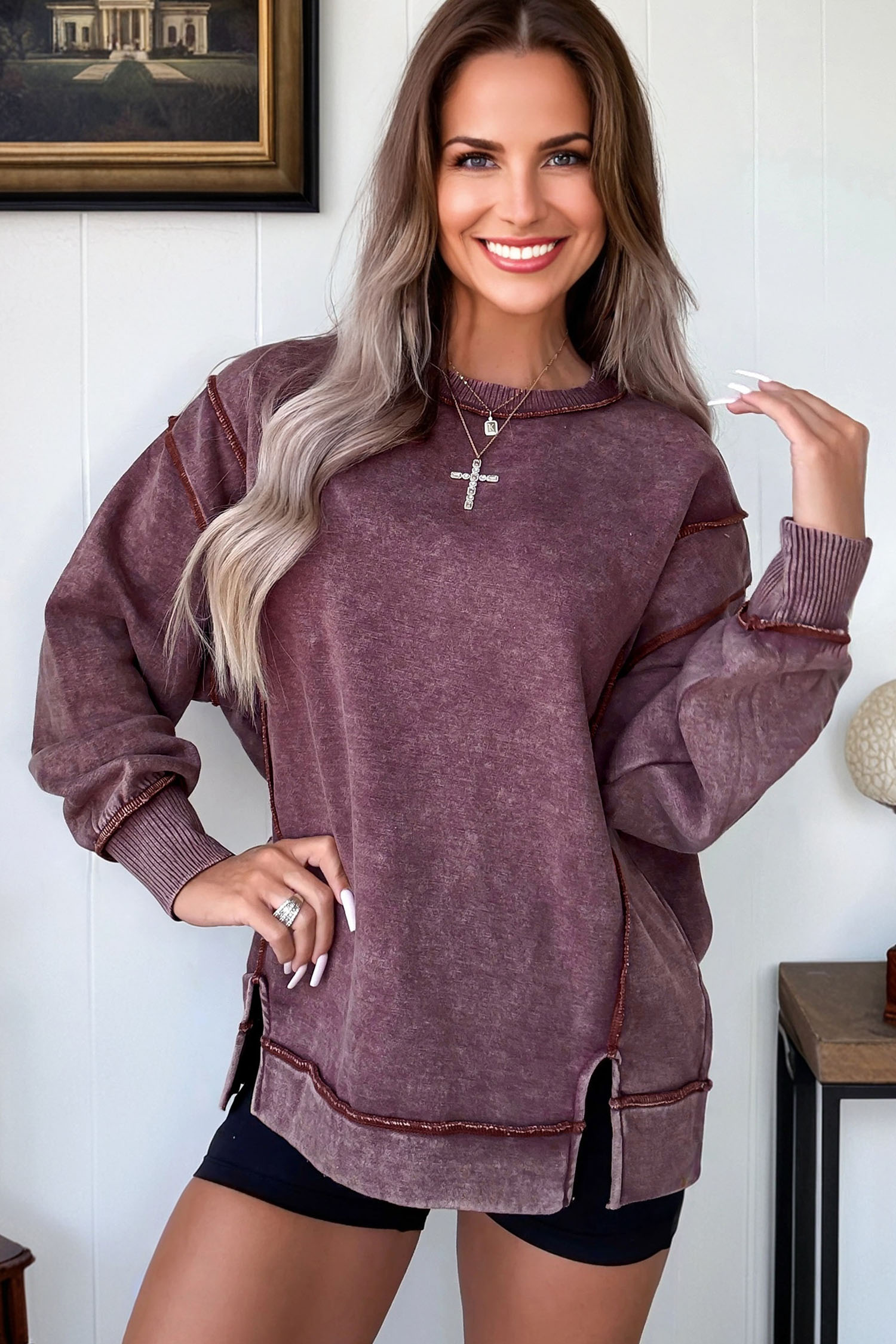 Valerian Mineral Wash Exposed Seam Side Slit Sweatshirt - loveforevers