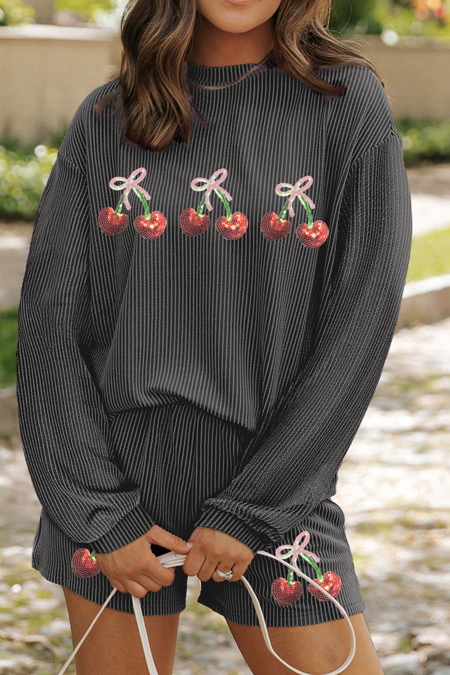 Carbon Grey Twisted Ribbed Sequin Cherry Patched Long Sleeve Pullover and Shorts 2pcs Set - loveforevers