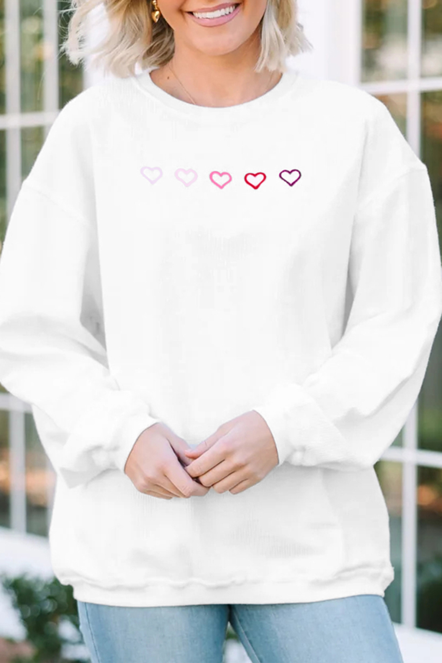 White 3d Ribbed XOXO Heart Embroidered Drop Shoulder Sweatshirt - loveforevers