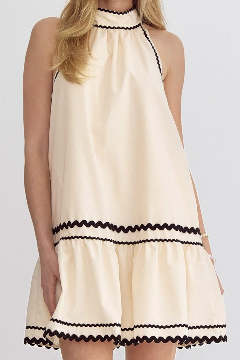 Khaki Stripe Ric Rac Trim Halter A-line Sleeveless Mini Dress - loveforevers
