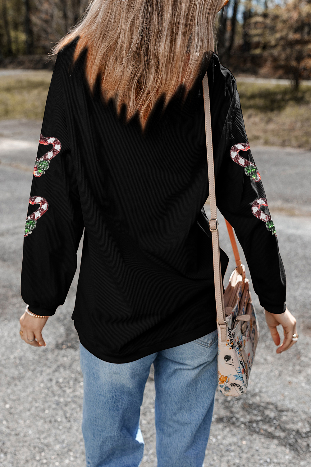 Black Sequin Christmas Candy Cane Heart Graphic Drop Shoulder Ribbed Sweatshirt - loveforevers
