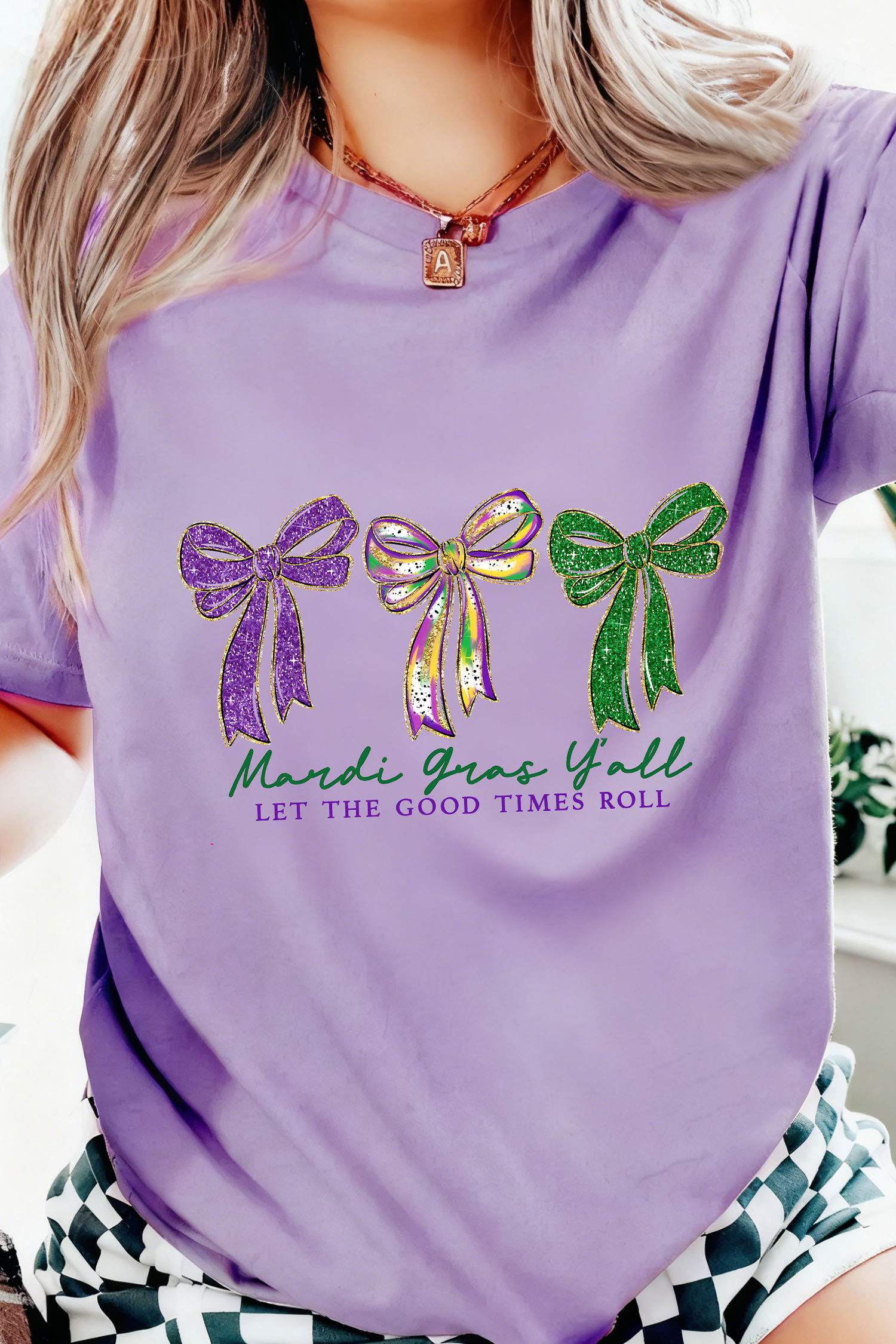 Wisteria Mardi Gras Ribbon Bow Slogan Printed Casual T Shirt - loveforevers