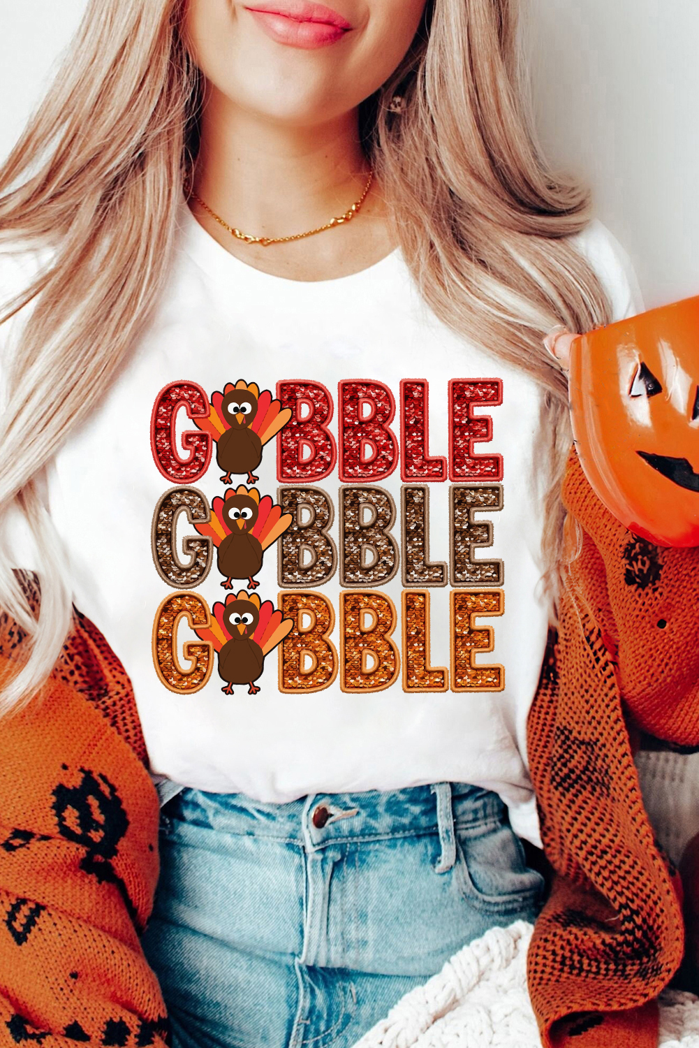 White GOBBLE Thanksgiving Turkey Print T Shirt - loveforevers