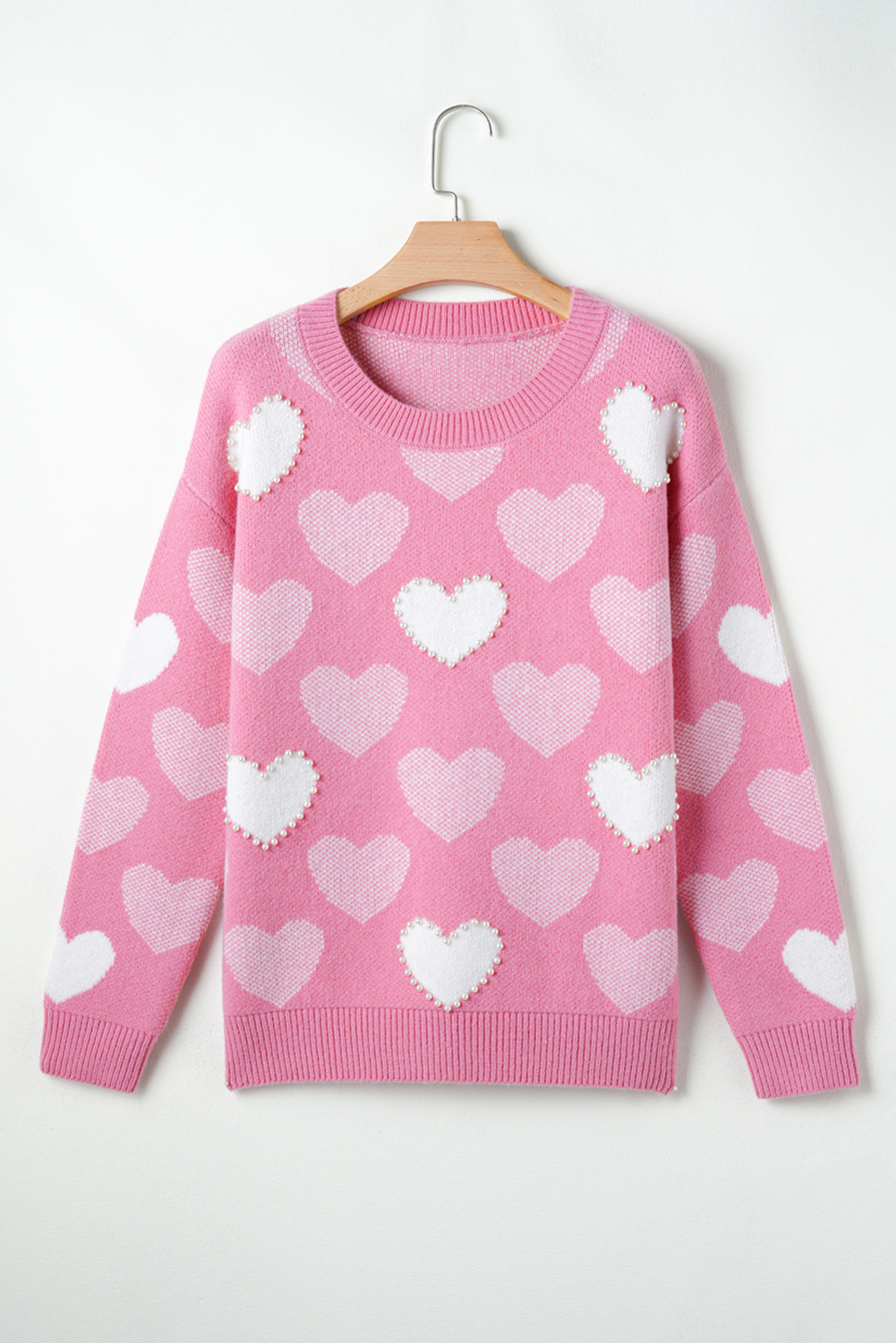 Pink Pearled Heart Print Valentines Crew Neck Sweater - loveforevers