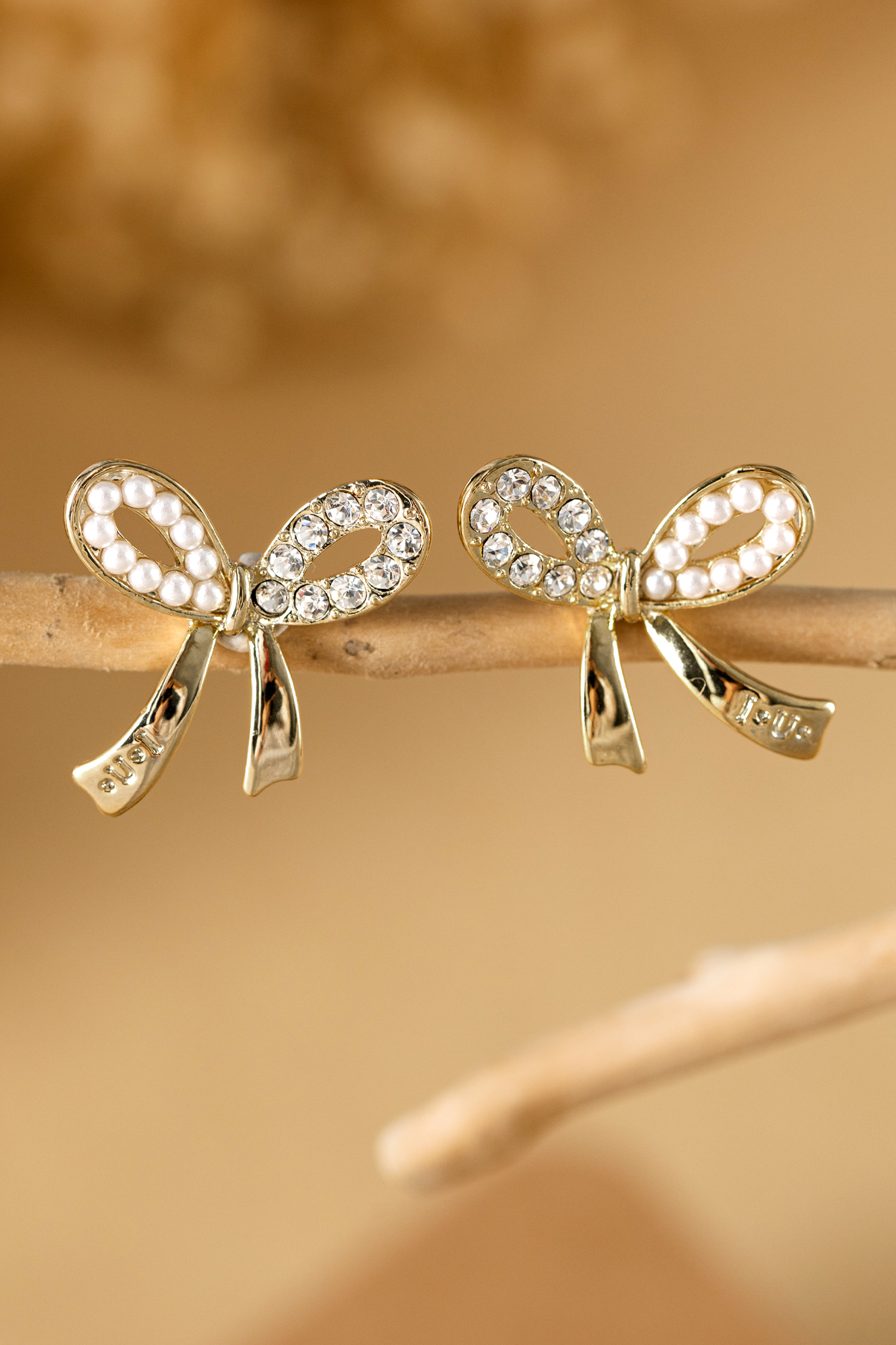 Gold Rhinestone Pearl Bow Earrings - loveforevers