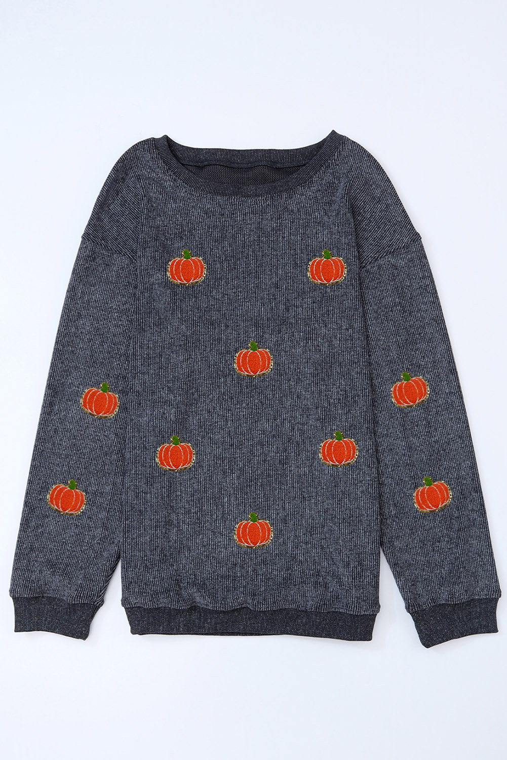 Gray Halloween Pumpkin Graphic Drop Shoulder Ribbed Sweatshirt - loveforevers
