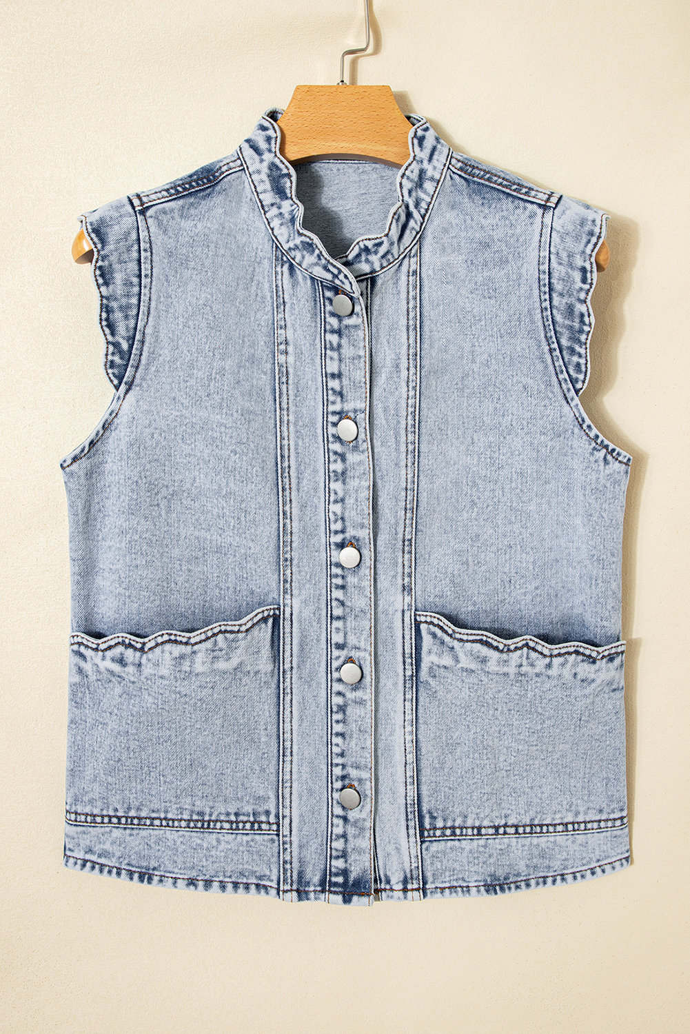 Beau Blue Scalloped Trim Patch Pocket Button Front Denim Vest - loveforevers
