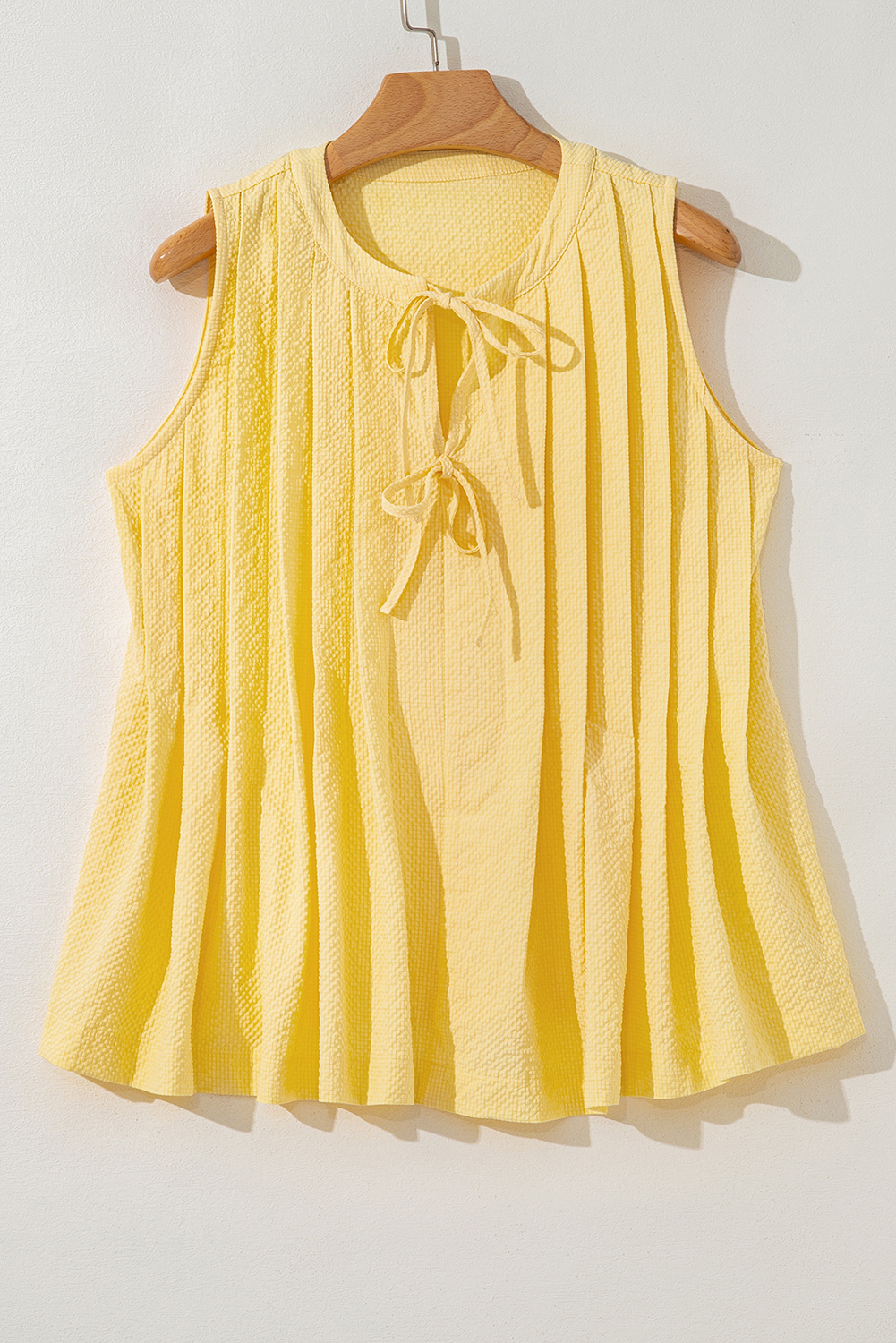 Yellow Cream Bow Tie Notched Neck Pleated Tank Top - loveforevers