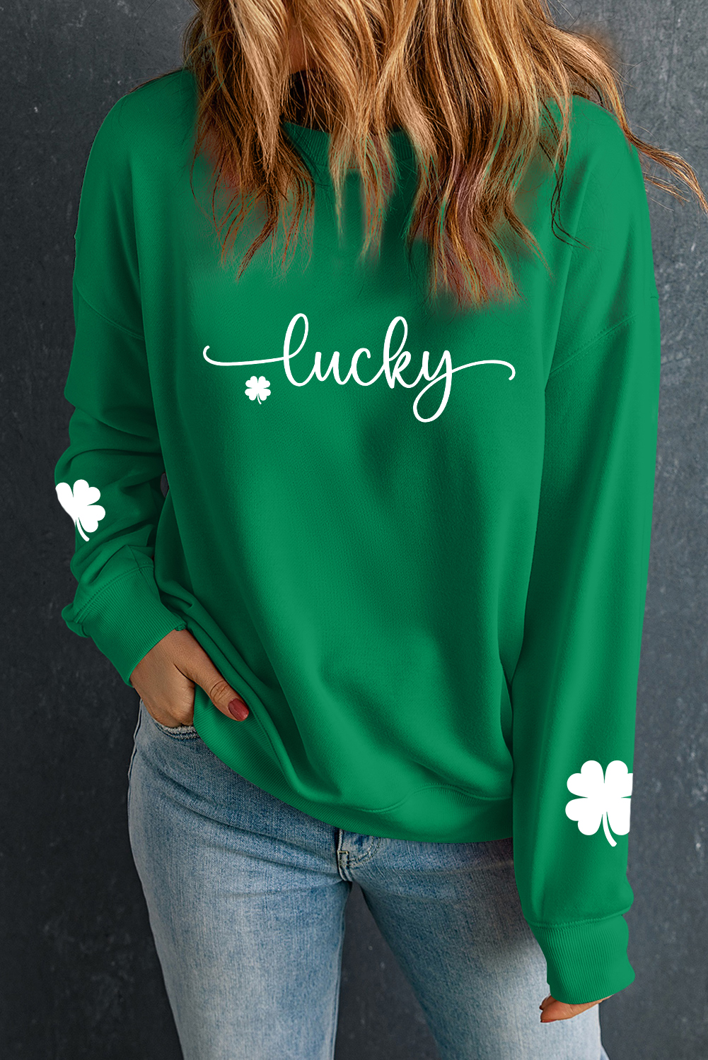 Dark Green Lucky Four Leaf Clover Graphic St Patricks Pullover Sweatshirt - loveforevers