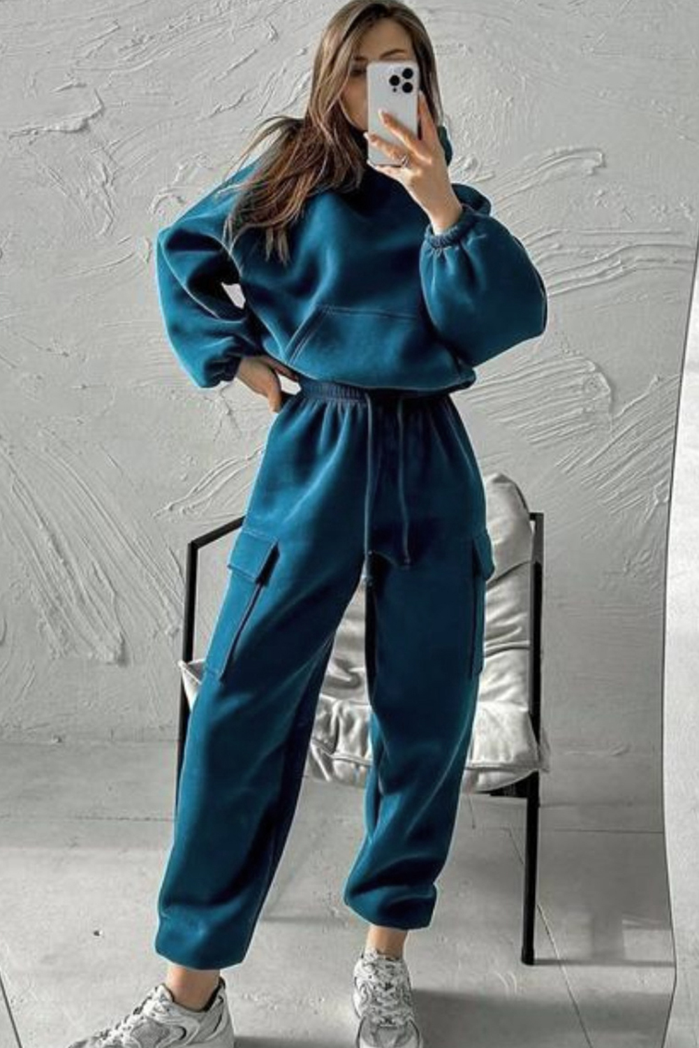 Peacock Blue Cozy Hooded Sweatshirt Drawstring Elastic Waistband Cargo Pant Set - loveforevers