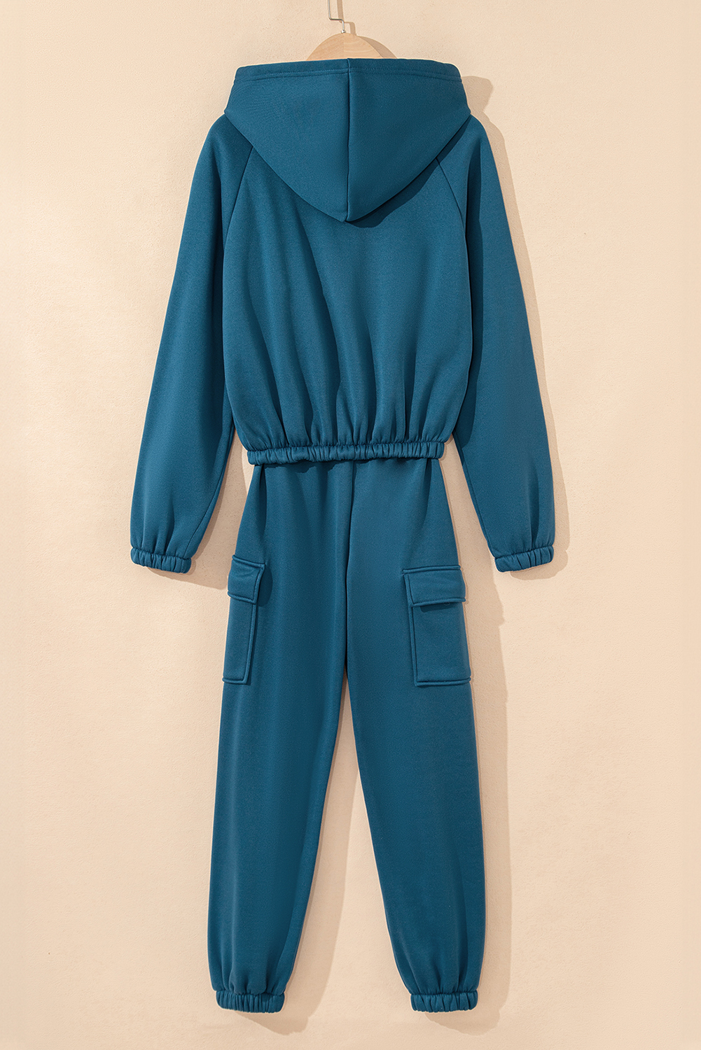 Peacock Blue Cozy Hooded Sweatshirt Drawstring Elastic Waistband Cargo Pant Set - loveforevers
