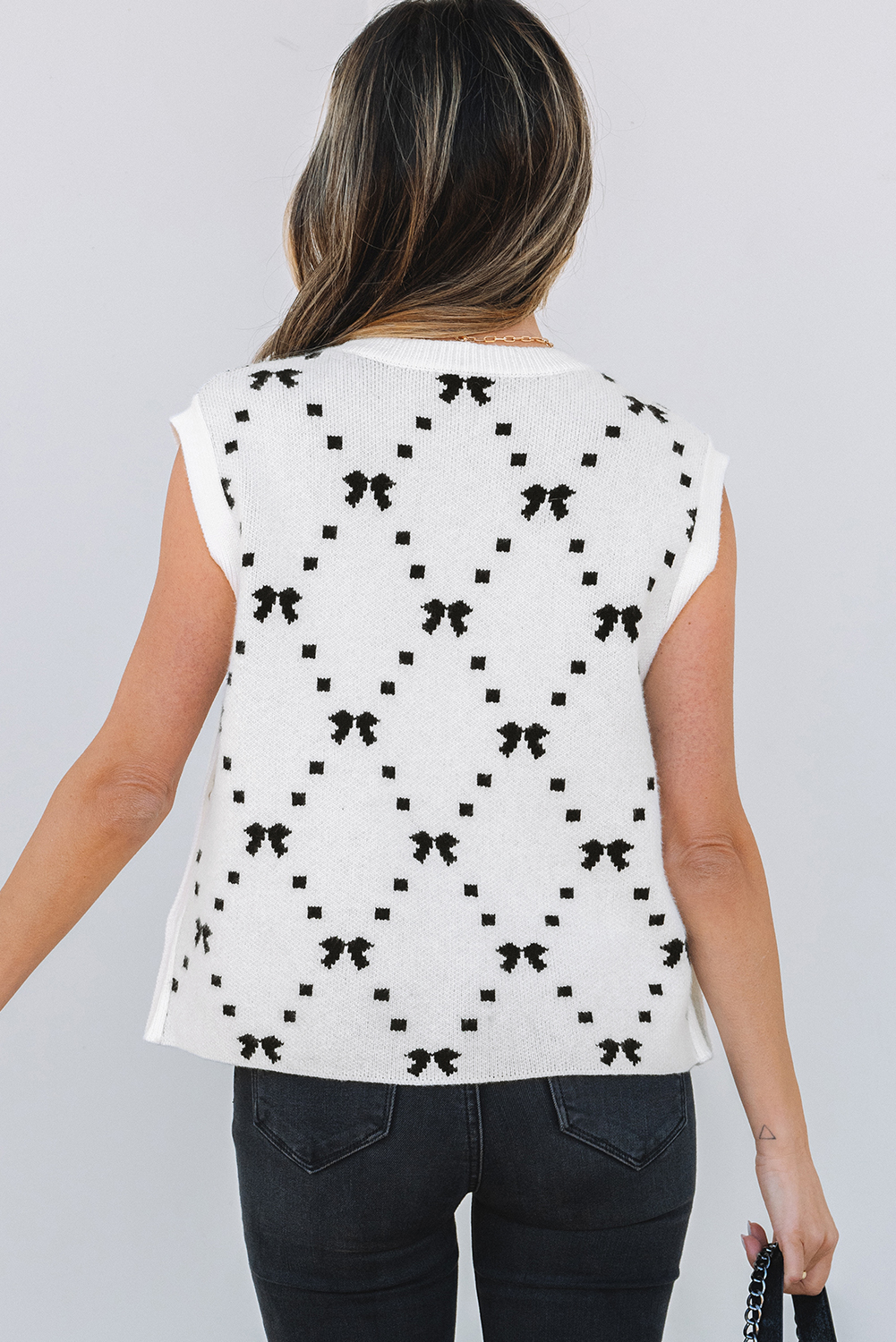 Black Preppy Vibes Bow Print Zipped Collar Sweater Tee - loveforevers