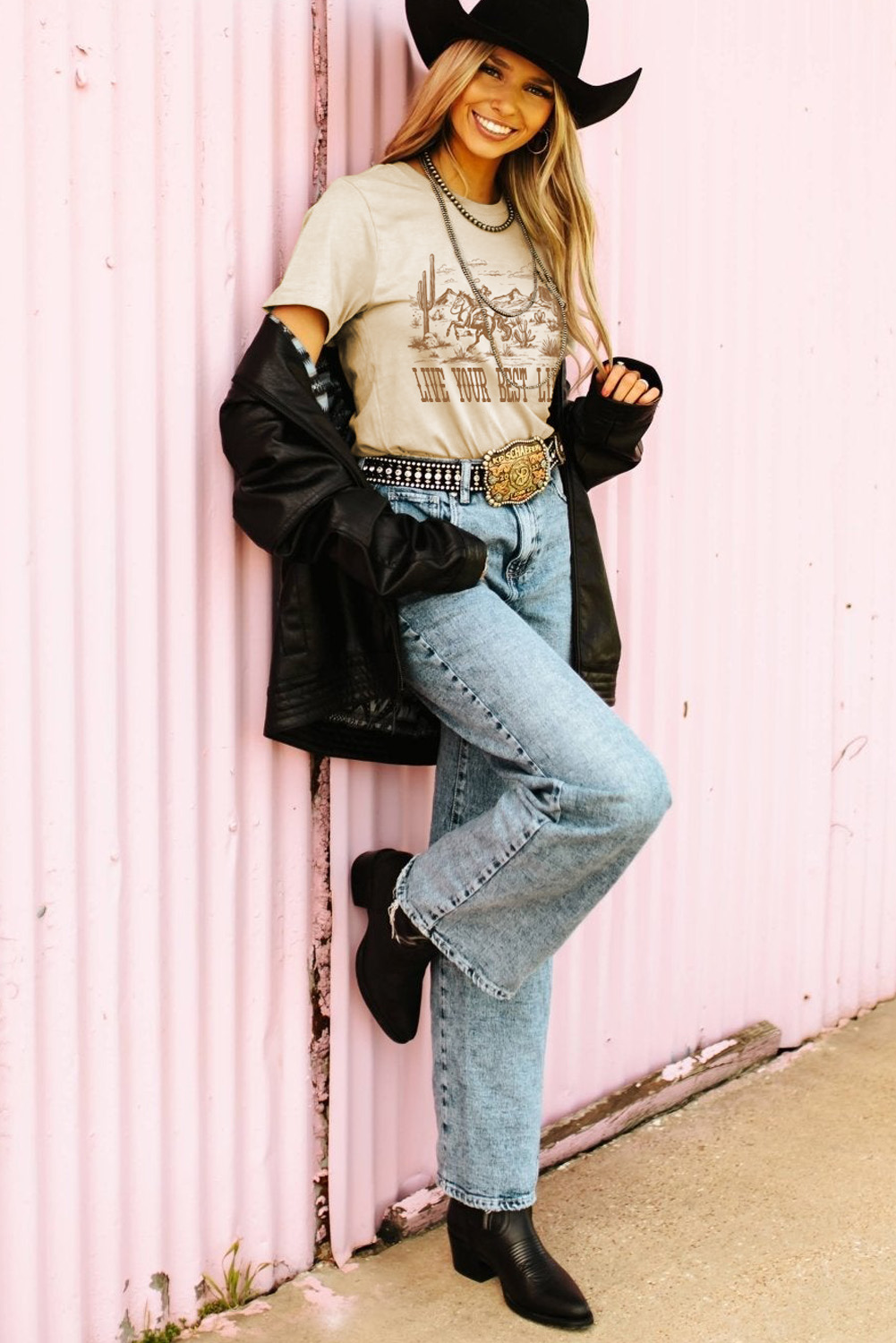 Beige LIVE YOUR BEST LIFE Crew Neck Western Graphic Tee - loveforevers