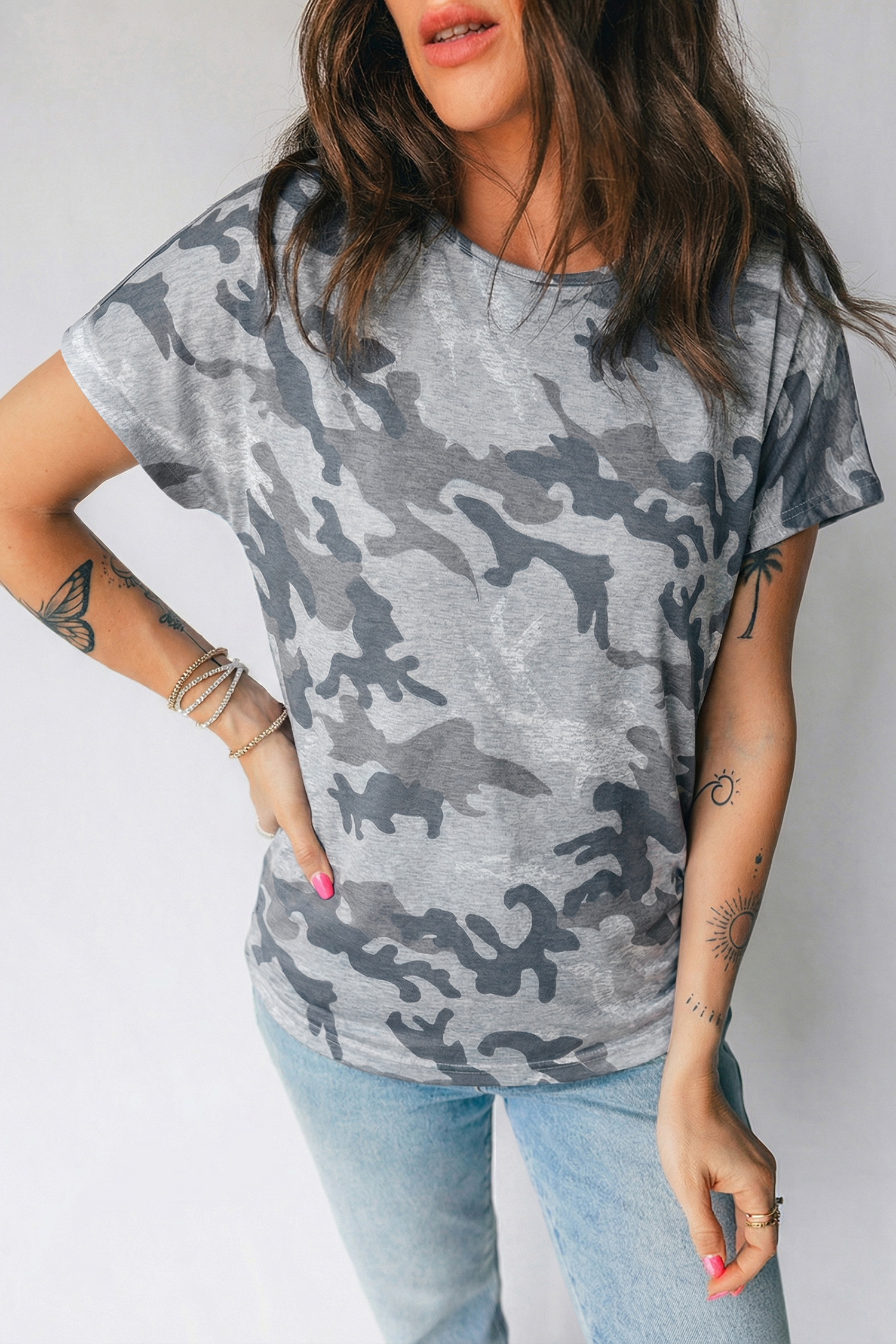 Gray Camouflage Print Round Neck T Shirt - loveforevers