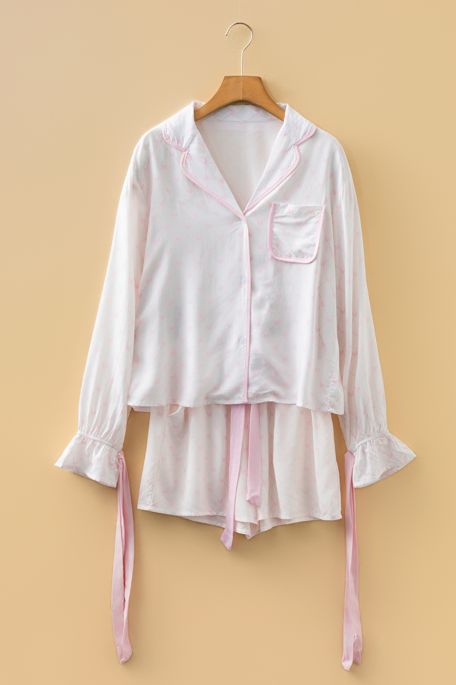 Pink Bow Lattice Print Bow Ties 2pcs Pajama Set - loveforevers