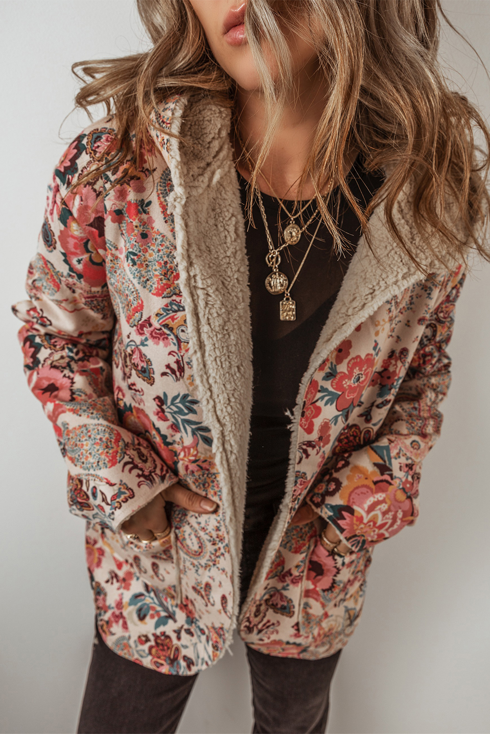 Beige Vintage Paisley Floral Printed Sherpa Lined Hooded Jacket - loveforevers