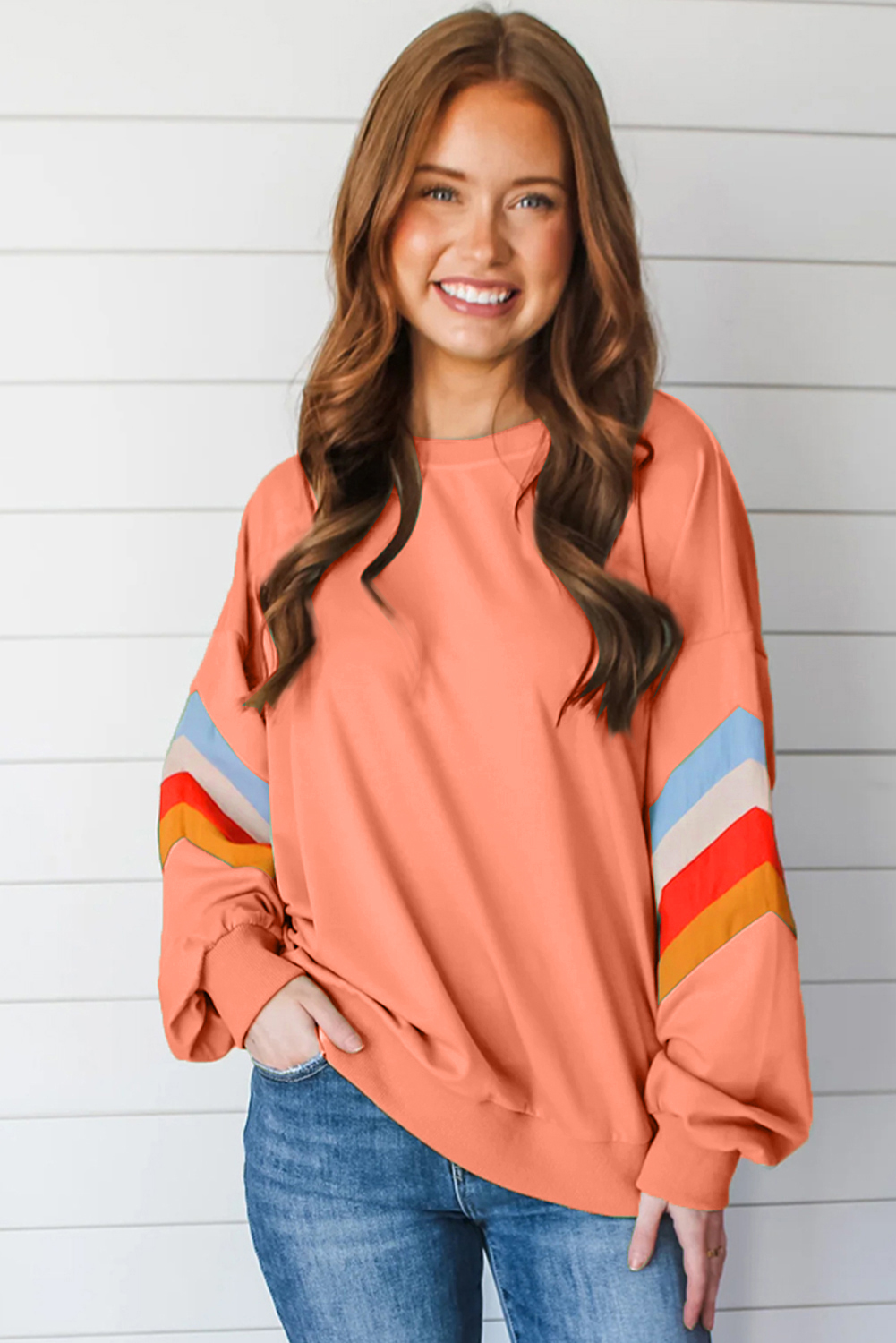 Moonlight Jade Rainbow Striped Sleeve Crew Neck Loose Sweatshirt - loveforevers