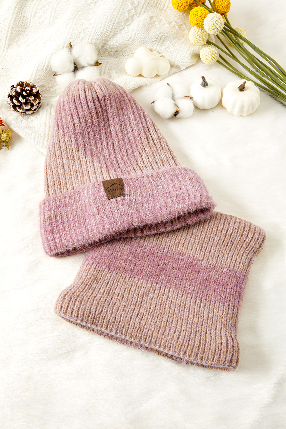 Peach Blossom Cozy Sherpa Liner Stylish Knitted Beanie and Scarf Set - loveforevers