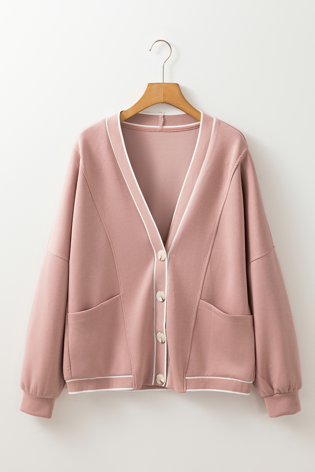 Pink Stripe Contrast Trim V Neck Buttoned Front Pocketed Knit Cardigan - loveforevers