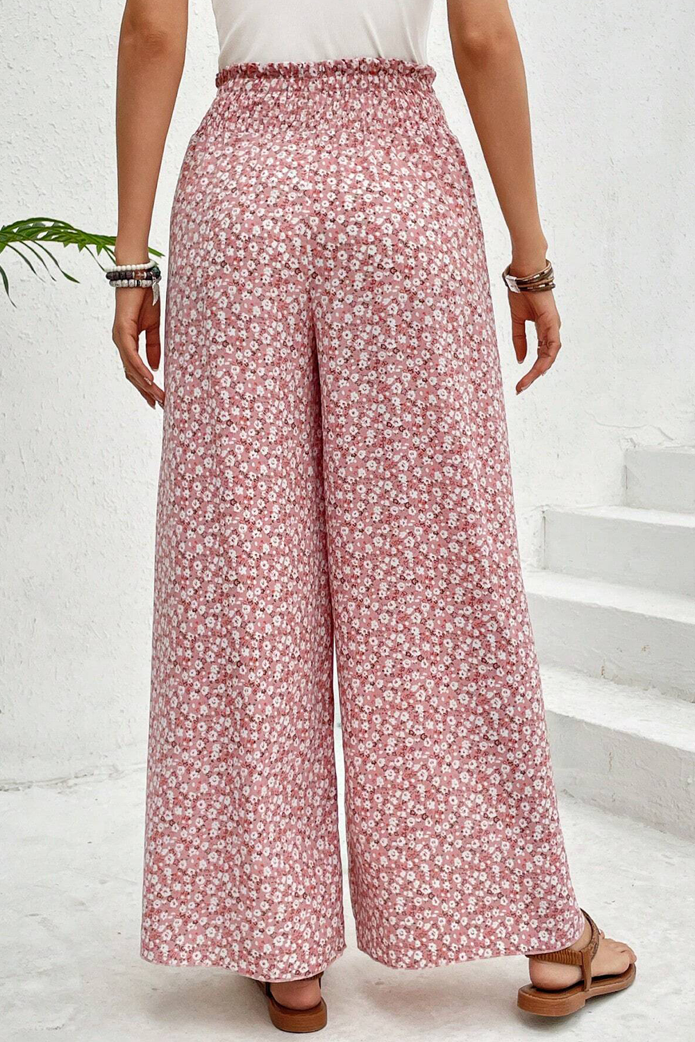 Black Bohemian Print Slit Wide Leg Smocked High Waist Pants - loveforevers