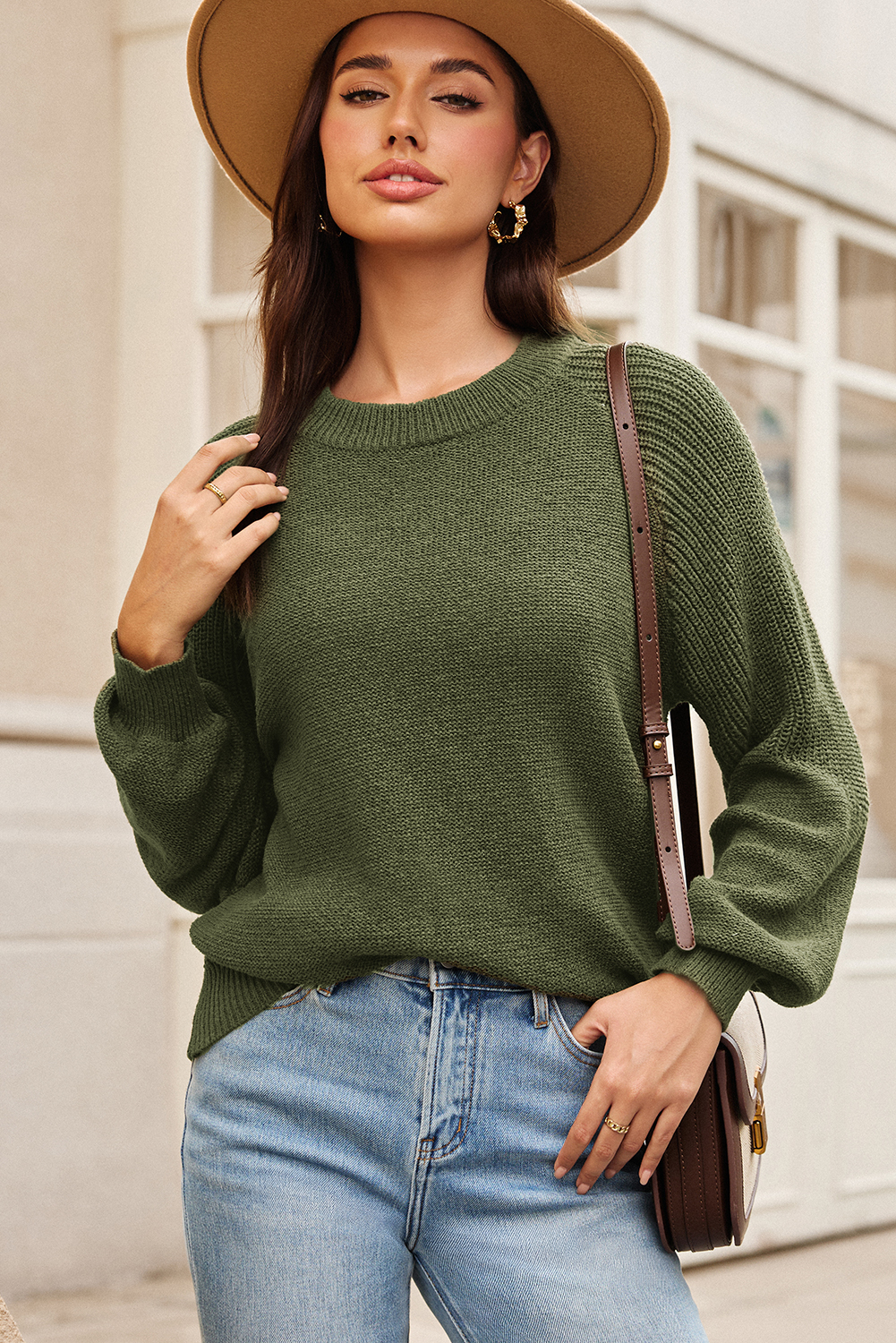 Vineyard Green Chunky Knit Raglan Sleeve Pullover Sweater - loveforevers