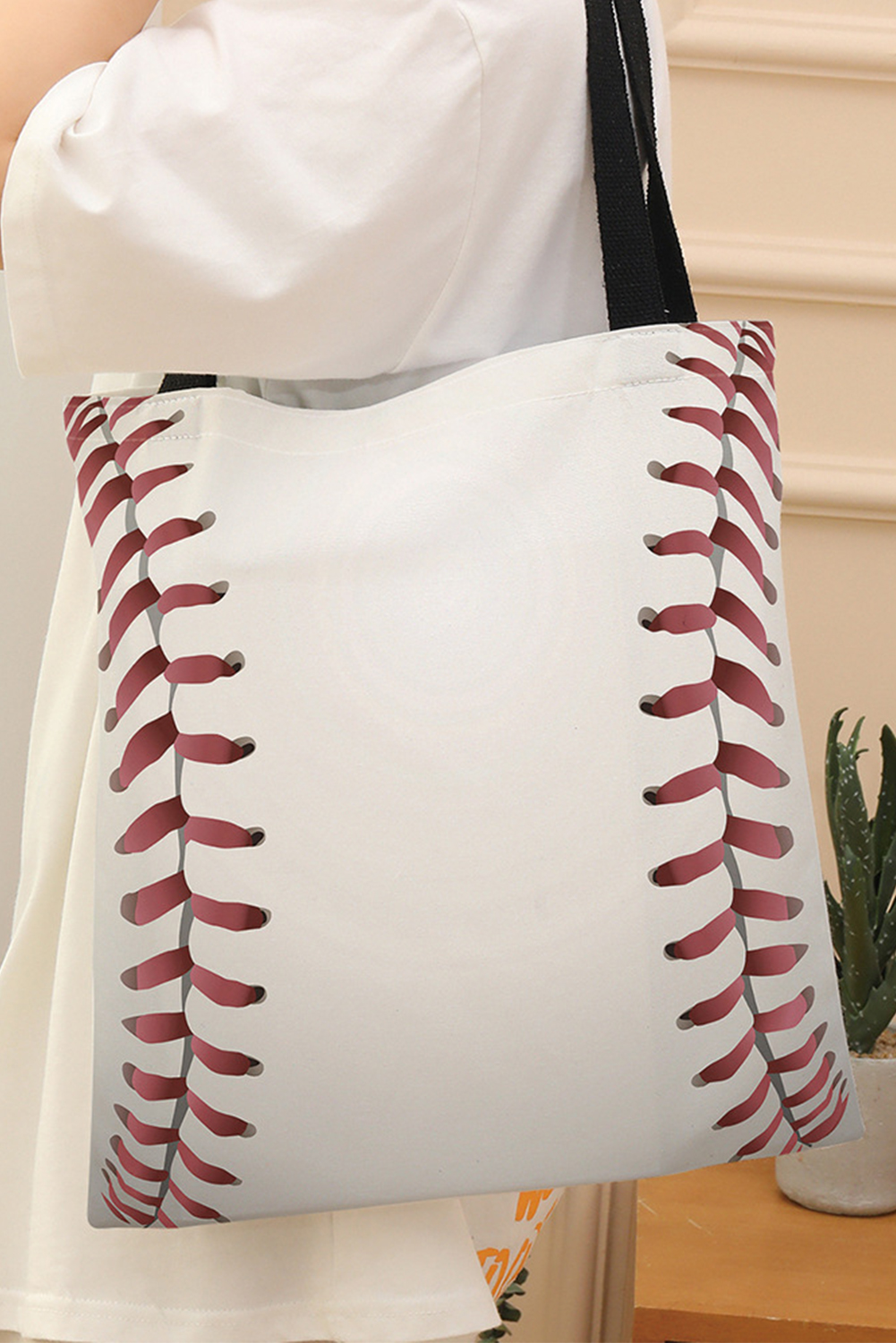 White Baseball Print Canvas Tote Bag - loveforevers