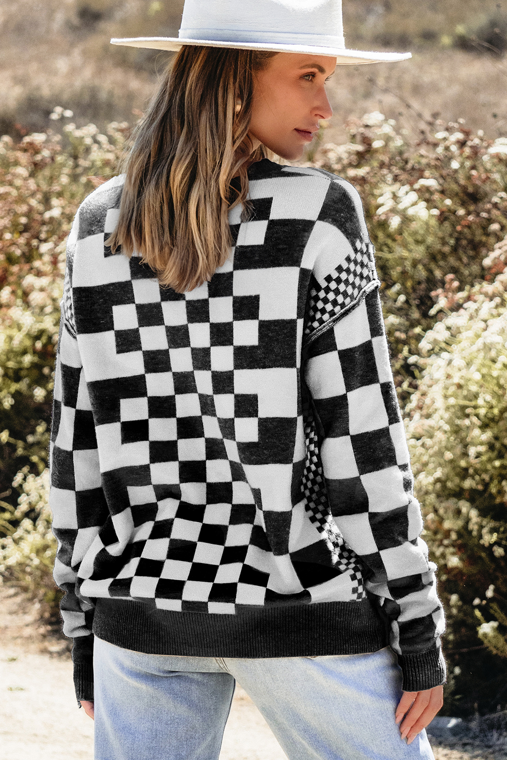 Khaki Checkered Print Drop Shoulder Round Neck Sweater - loveforevers