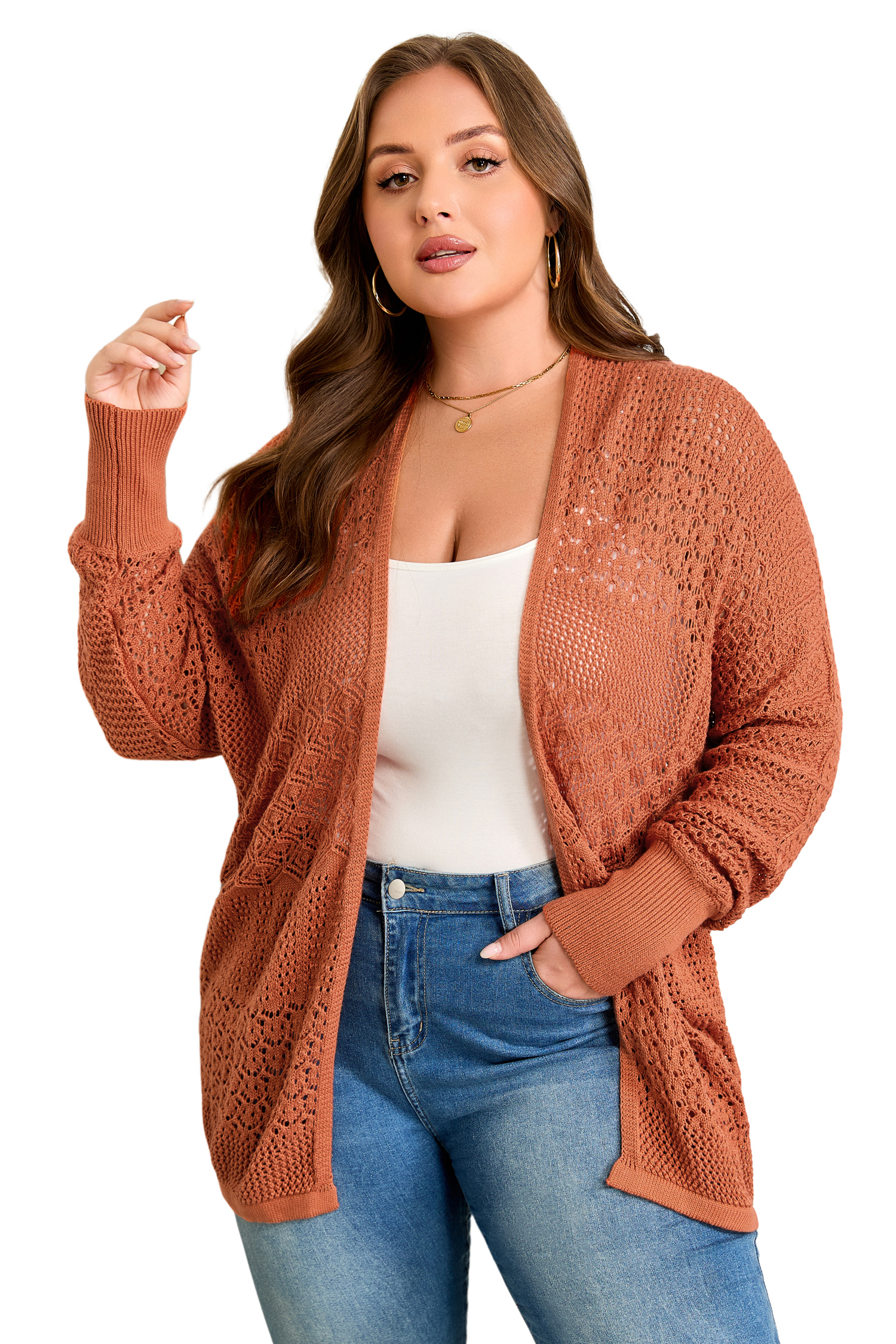 Redwood Burl Mixed Pattern Knitted Open Front Plus Cardigan - loveforevers