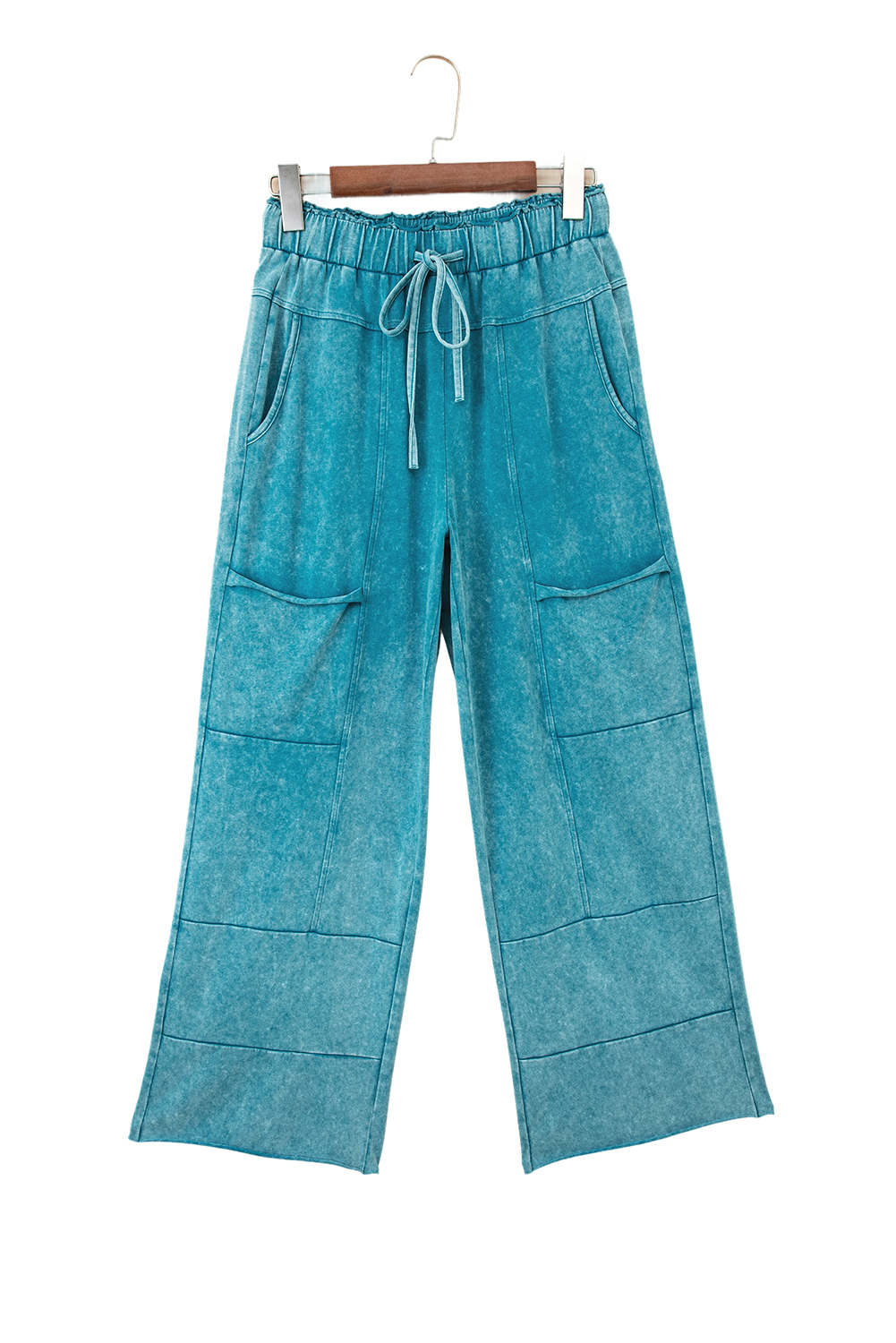 Lapis Mineral Wash Lace-up High Waist Raw Hem Patched Pocket Pants - loveforevers