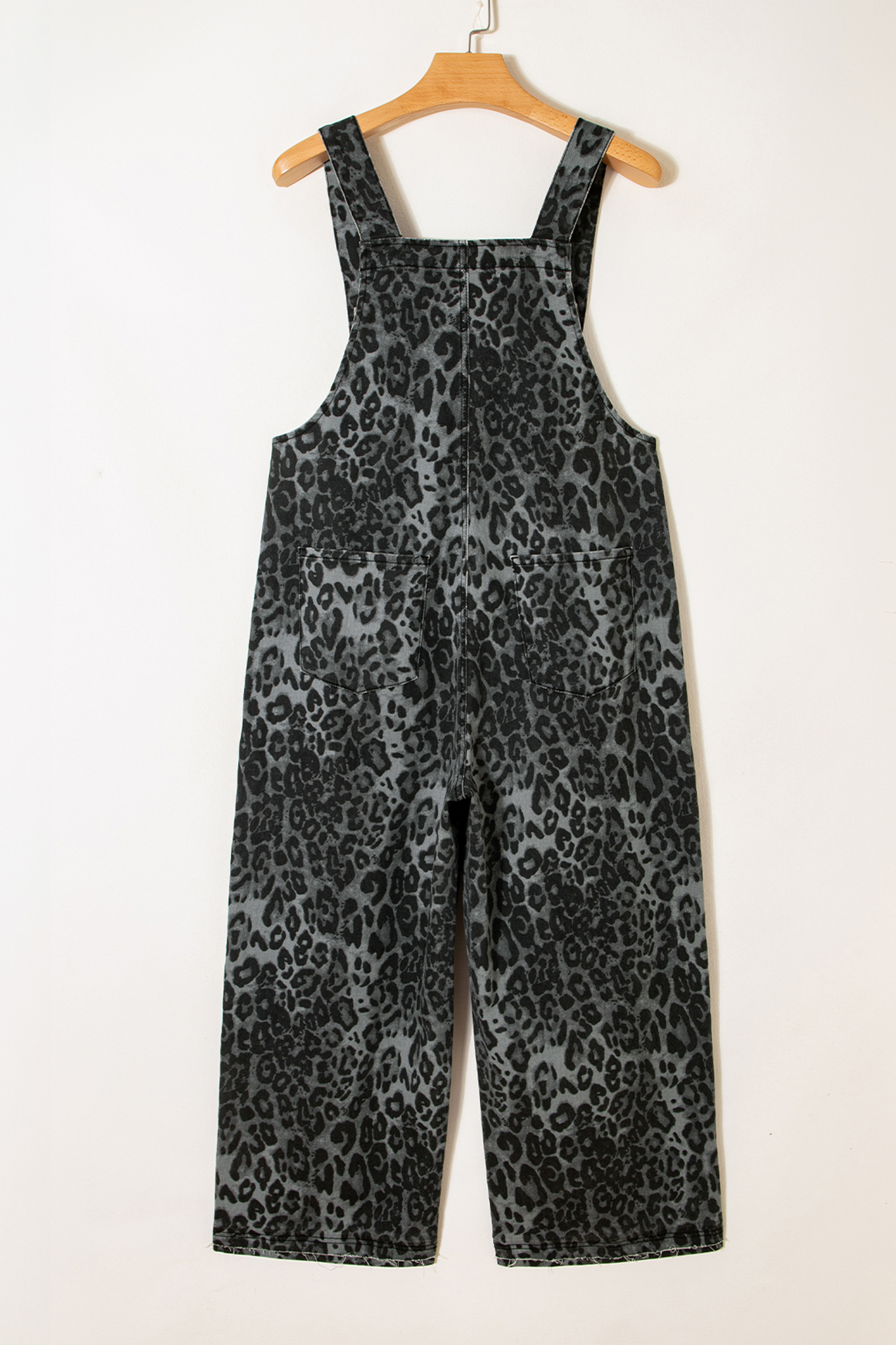 Gray Leopard Print Button Adjustable Straps Cropped Loose Denim Overalls - loveforevers