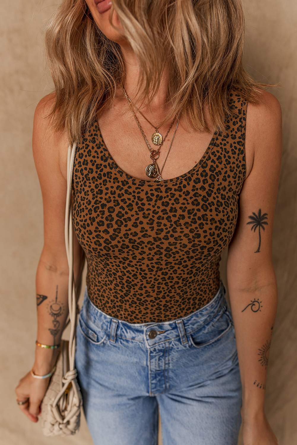 Brown Leopard Printed Sleeveless Scoop Neck Bodysuit - loveforevers