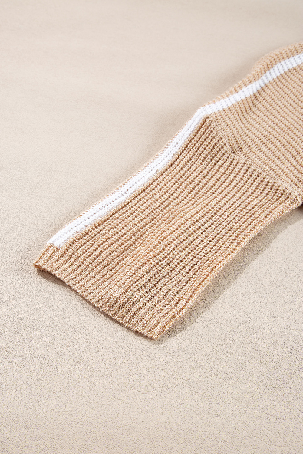 Light French Beige Contrast Striped 3/4 Sleeve Crew Neck Sweater - loveforevers