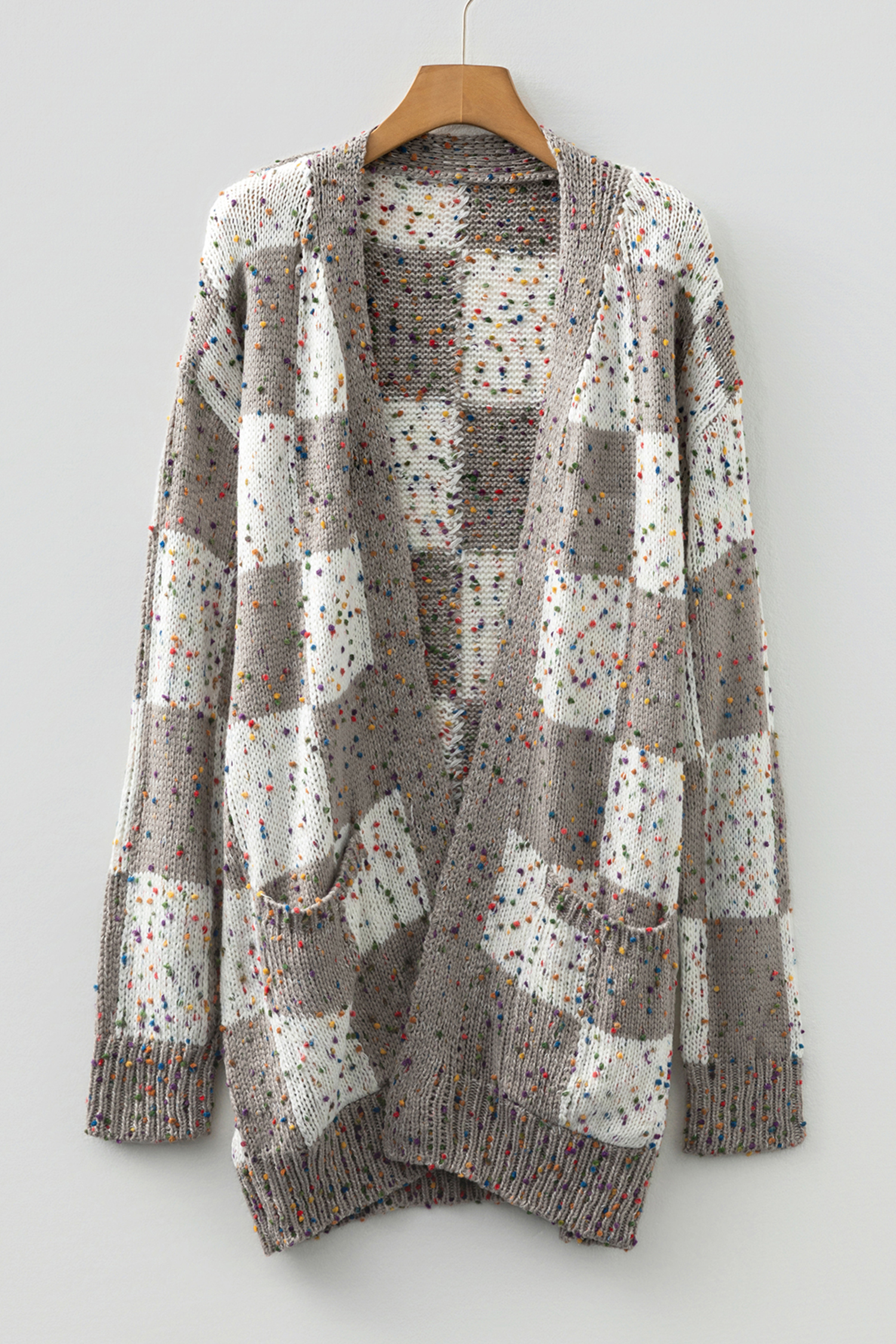 Brown Confetti Dot Checkered Print Open Cardigan with Pockets - loveforevers