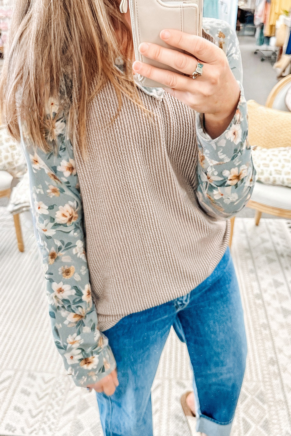 Parchment Twist Ribbed Floral Contrast Patchwork Long Sleeve Top - loveforevers