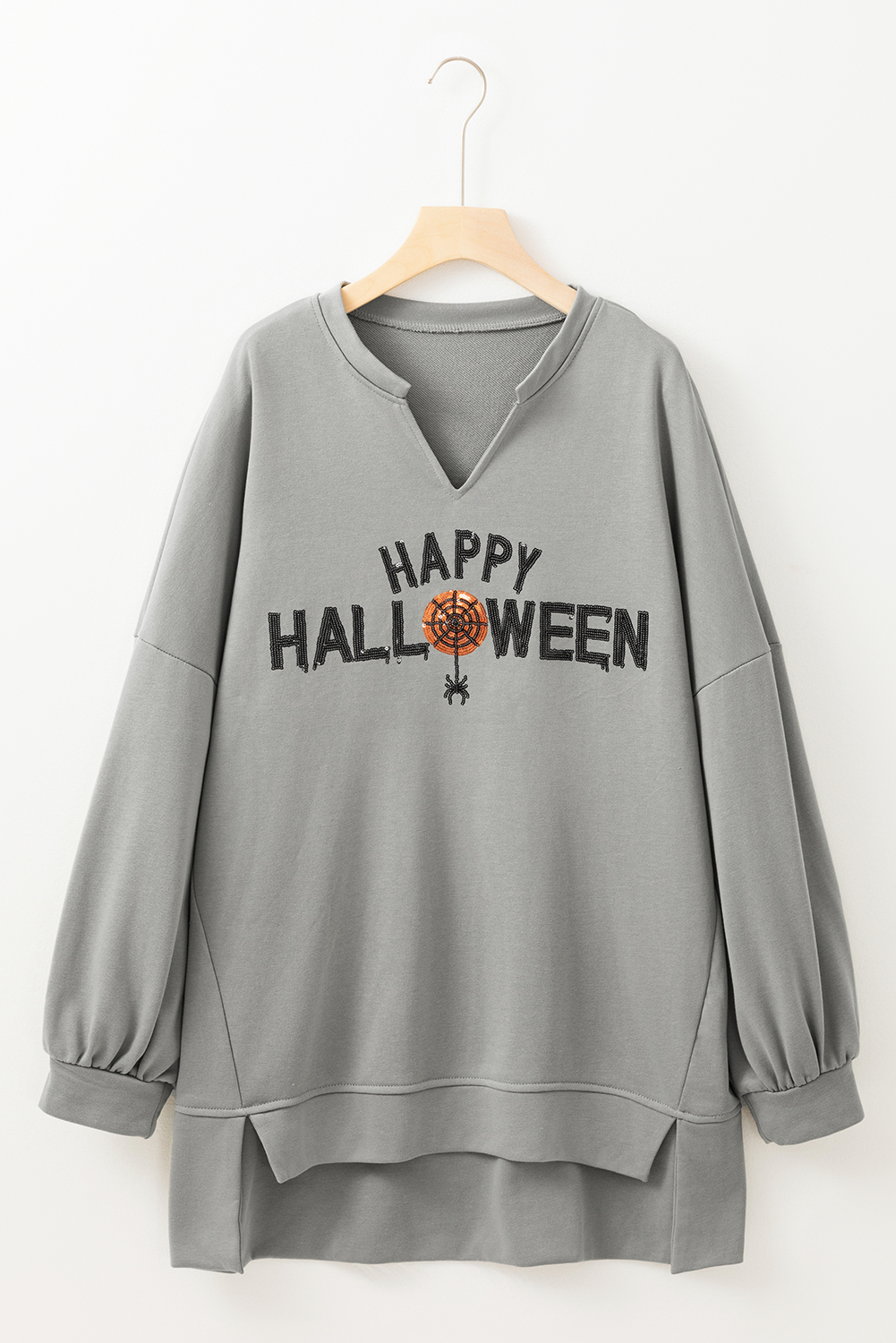 Medium Grey Sequin Happy Halloween Graphic Notched Neck Long Sleeve Loose Top - loveforevers