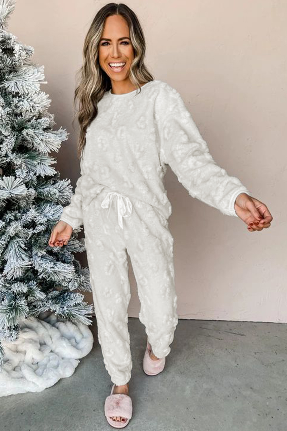 Light Grey Textured Leopard Fleece Loose Two Piece Lounge Set - loveforevers