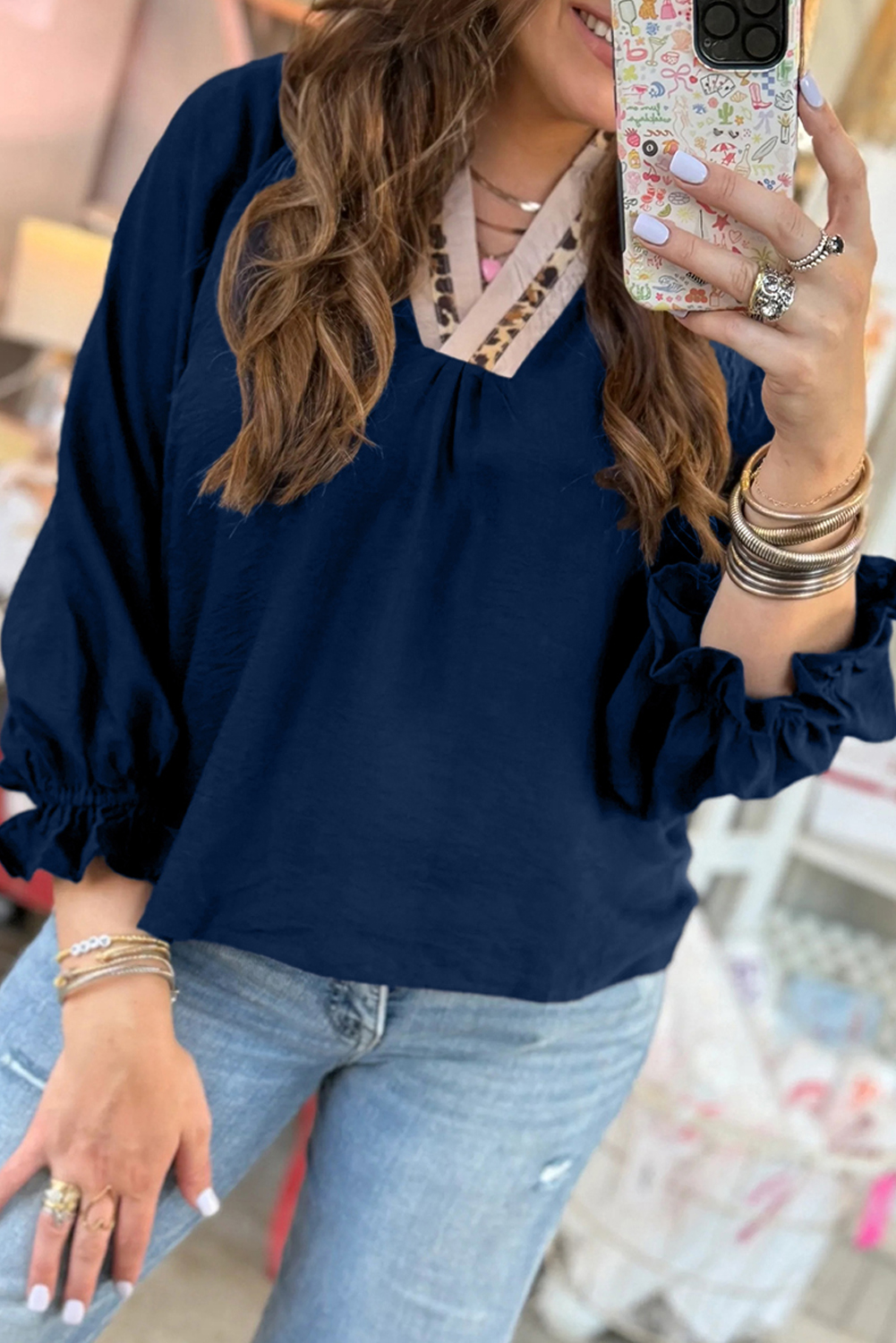 Dirty blue Leopard Trim V Neck Flounced Bracelet Sleeve Blouse - loveforevers
