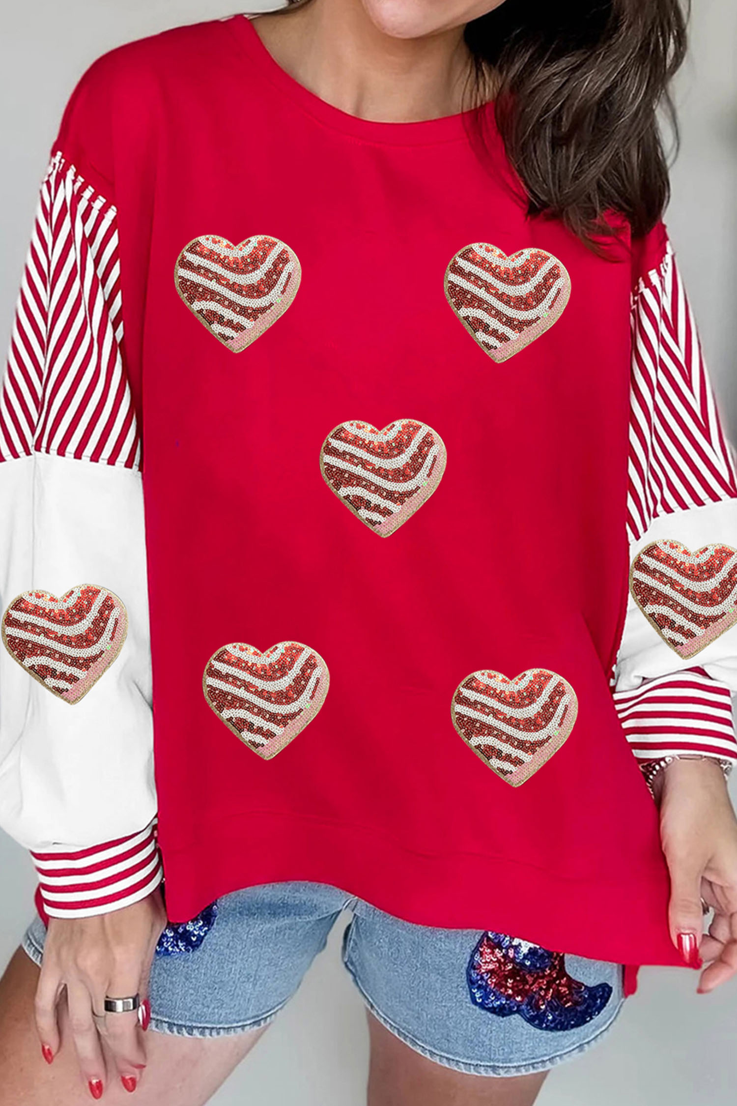 Fiery Red Color Block Striped Patchwork Valentines Day Sequin Heart Graphic Sweatshirt - loveforevers