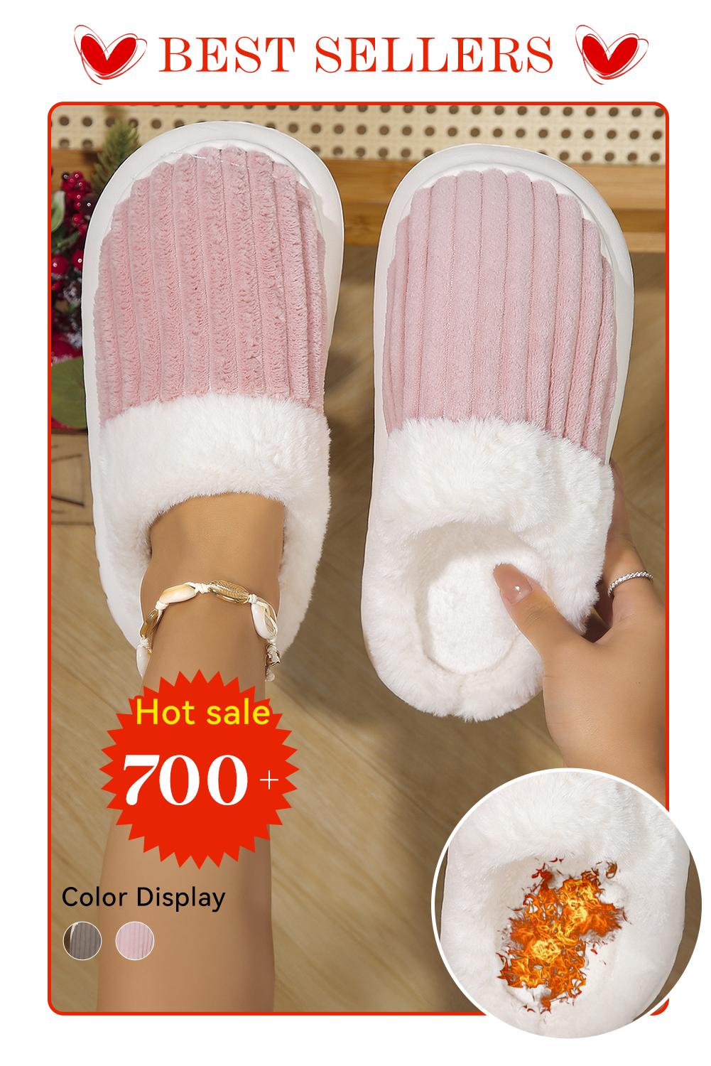 Pink Ribbed Plush Color Block Winter Slippers - loveforevers