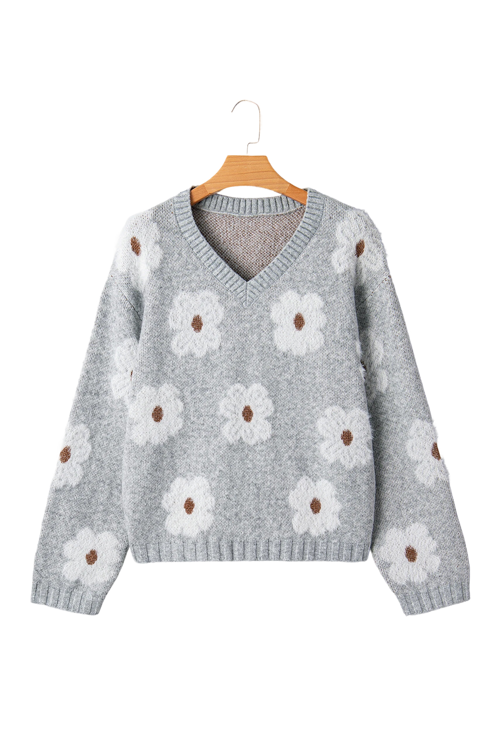Gray Cute Flower Print V Neck Drop Shoulder Baggy Sweater - loveforevers