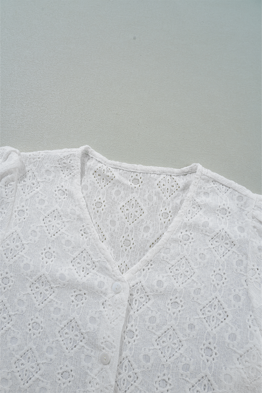 White Lace Puff Sleeve V Neck Button Up Shirt - loveforevers