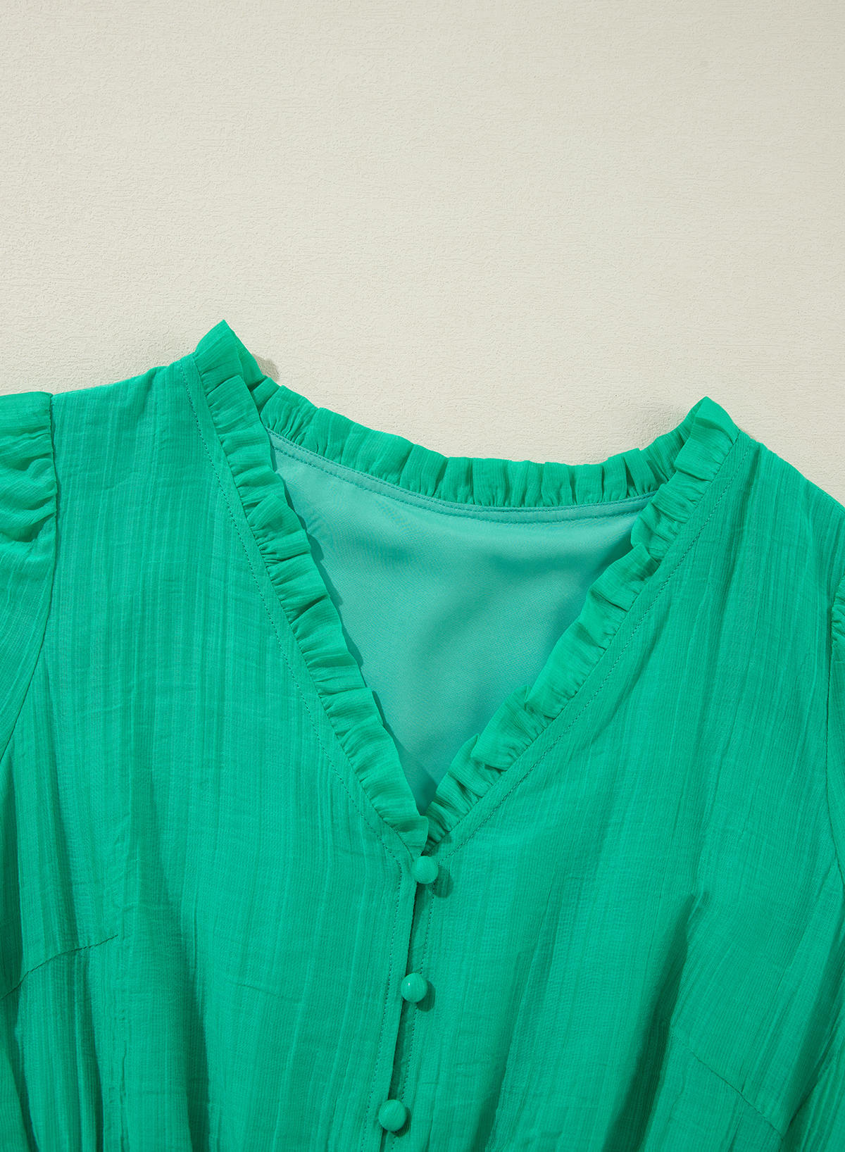 Sea Green Frilly V Neck Puff Sleeve Drawstring Shift Mini Dress - loveforevers